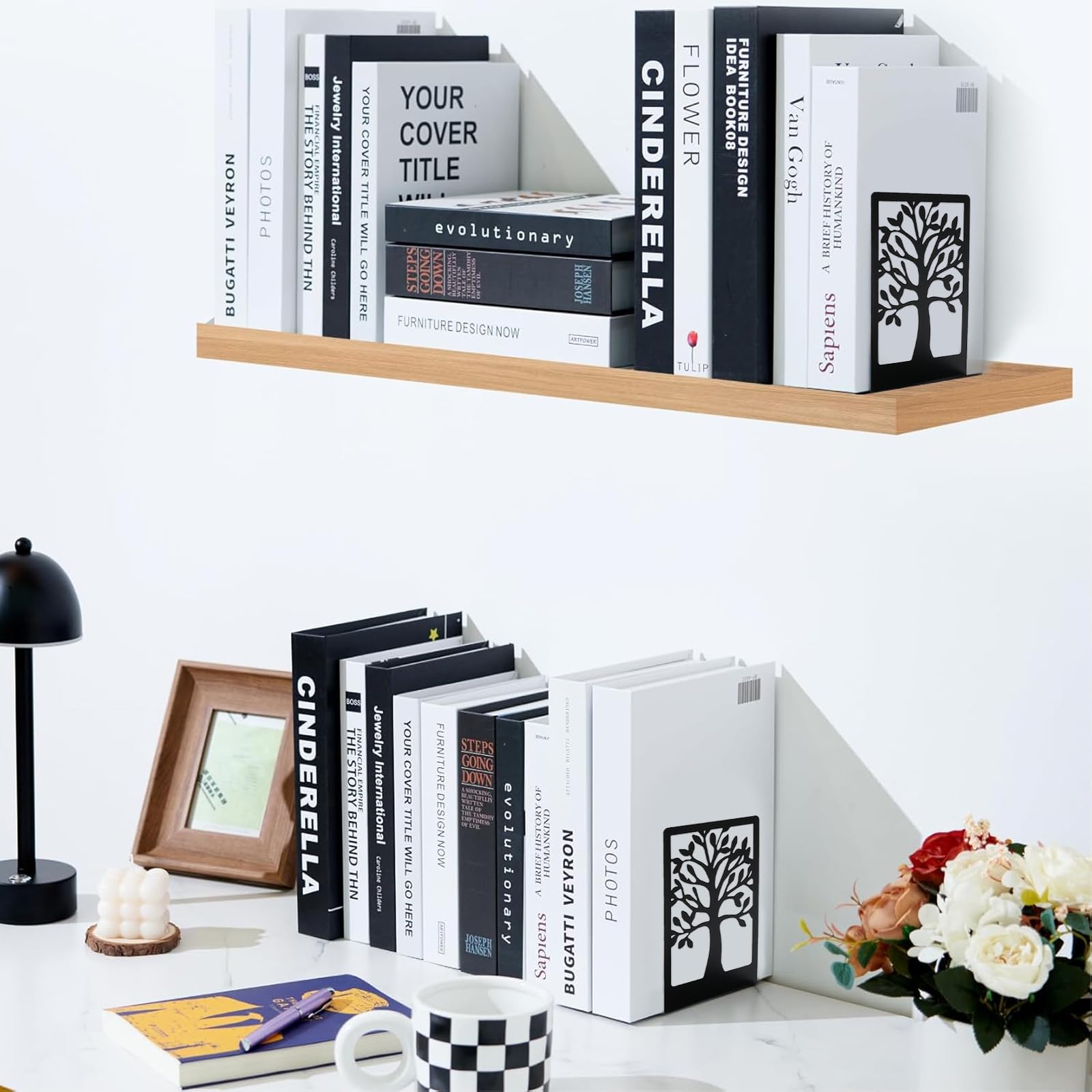 Ferma Libri per Libreria in Metallo Antiscivolo 4 PCS - Coppie di Reggi Libri per Mensole, per Scuola Casa Ufficio (Nero)