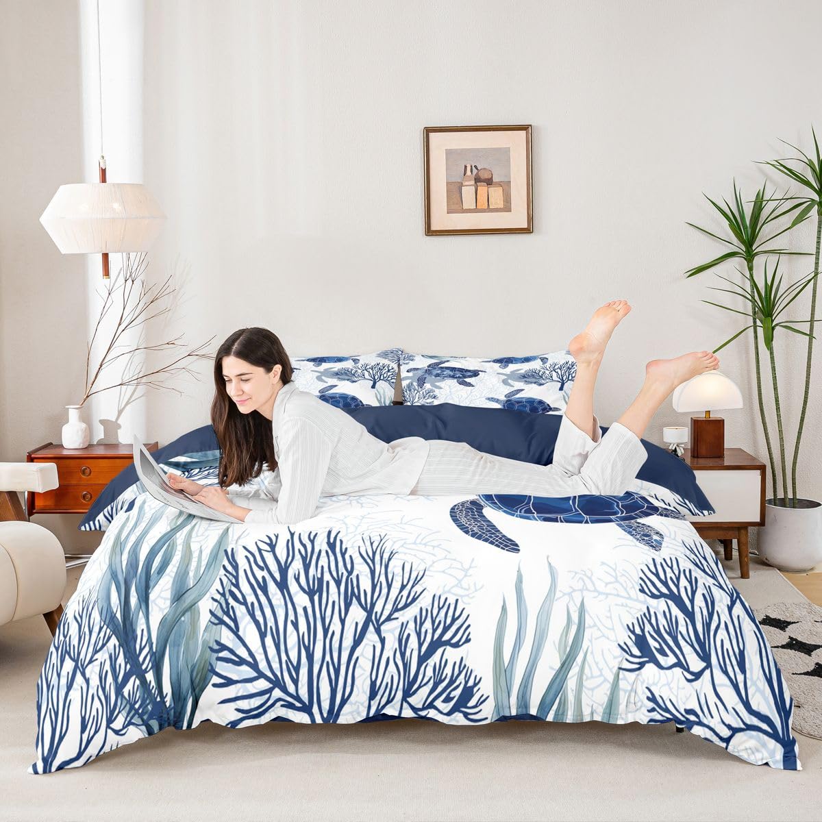 Amazon｜Erosebridal カメの寝具セット キング ホワイト ブルー 海