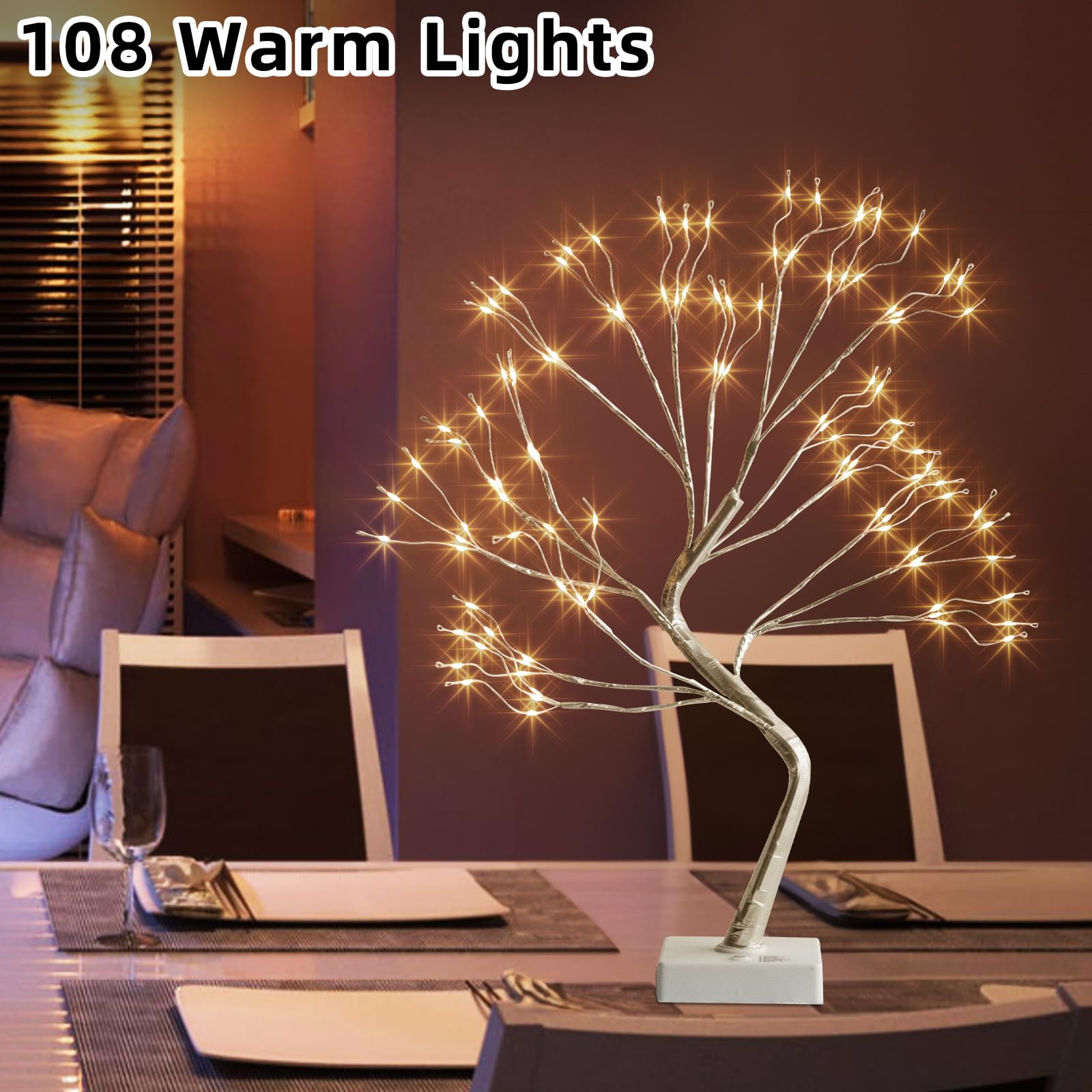 PEIDUO 2 luci da tavolo per bonsai, 108 LED per decorare la stanza, albero fatato con 9 modalità e timer, albero artificiale per la decorazione di casa e interni