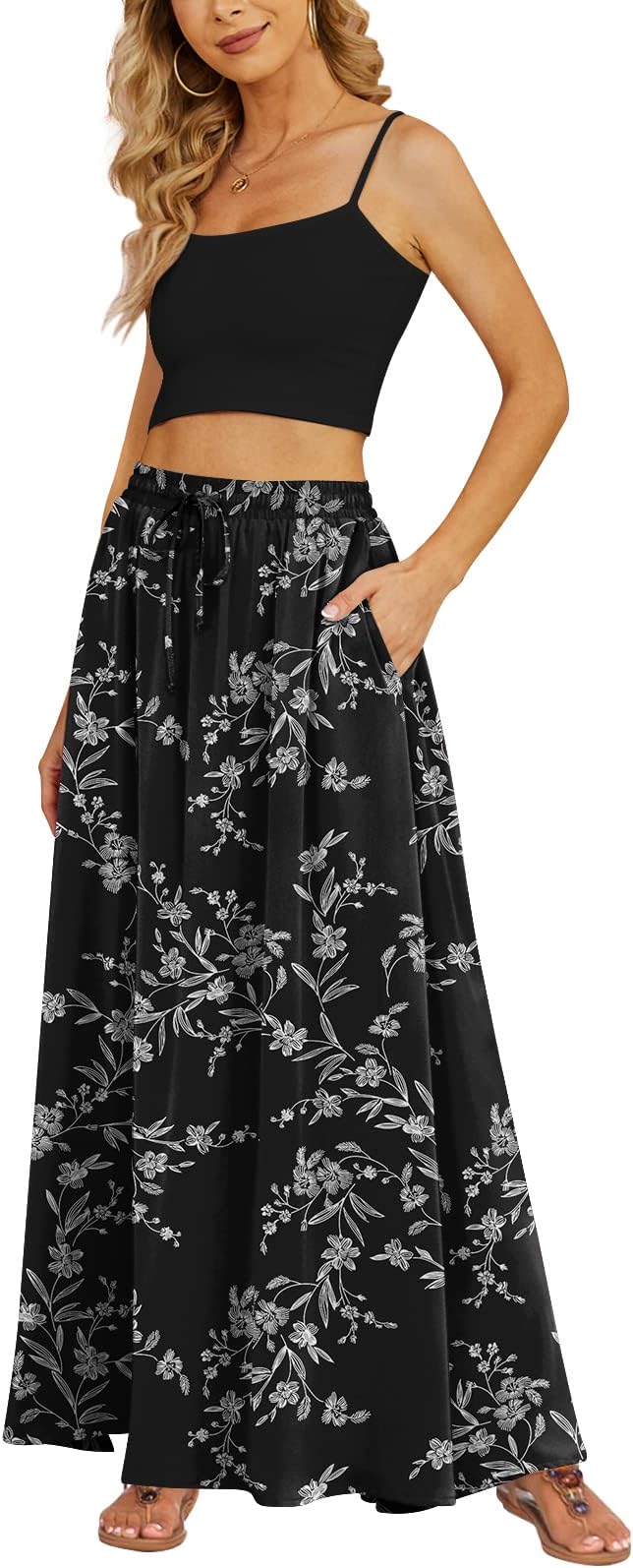 Yincro Women's Flowy Maxi Skirt Summer Pleated High Waisted Casual Long Skirts with Pockets
