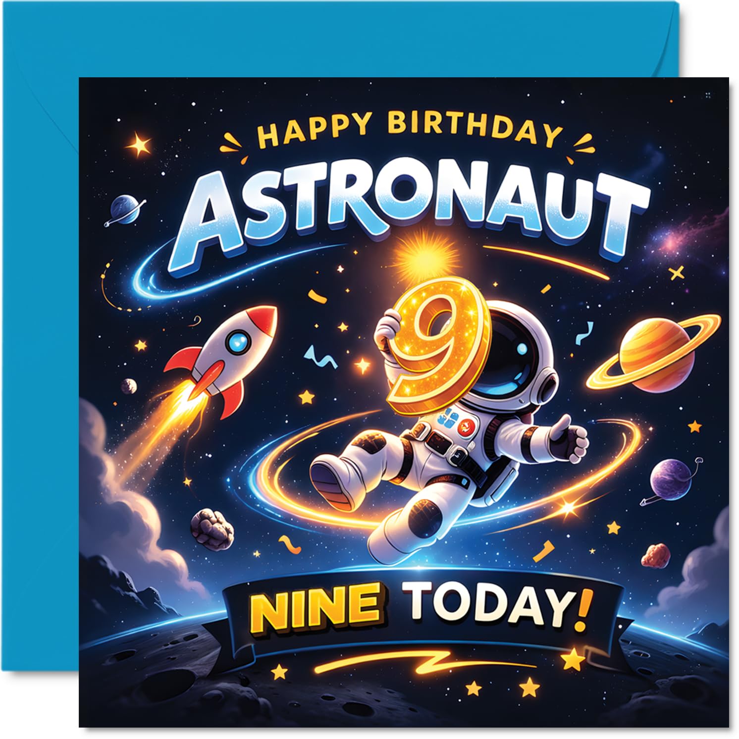 Playful 9th Birthday Card, Blast off to Birthday Fun