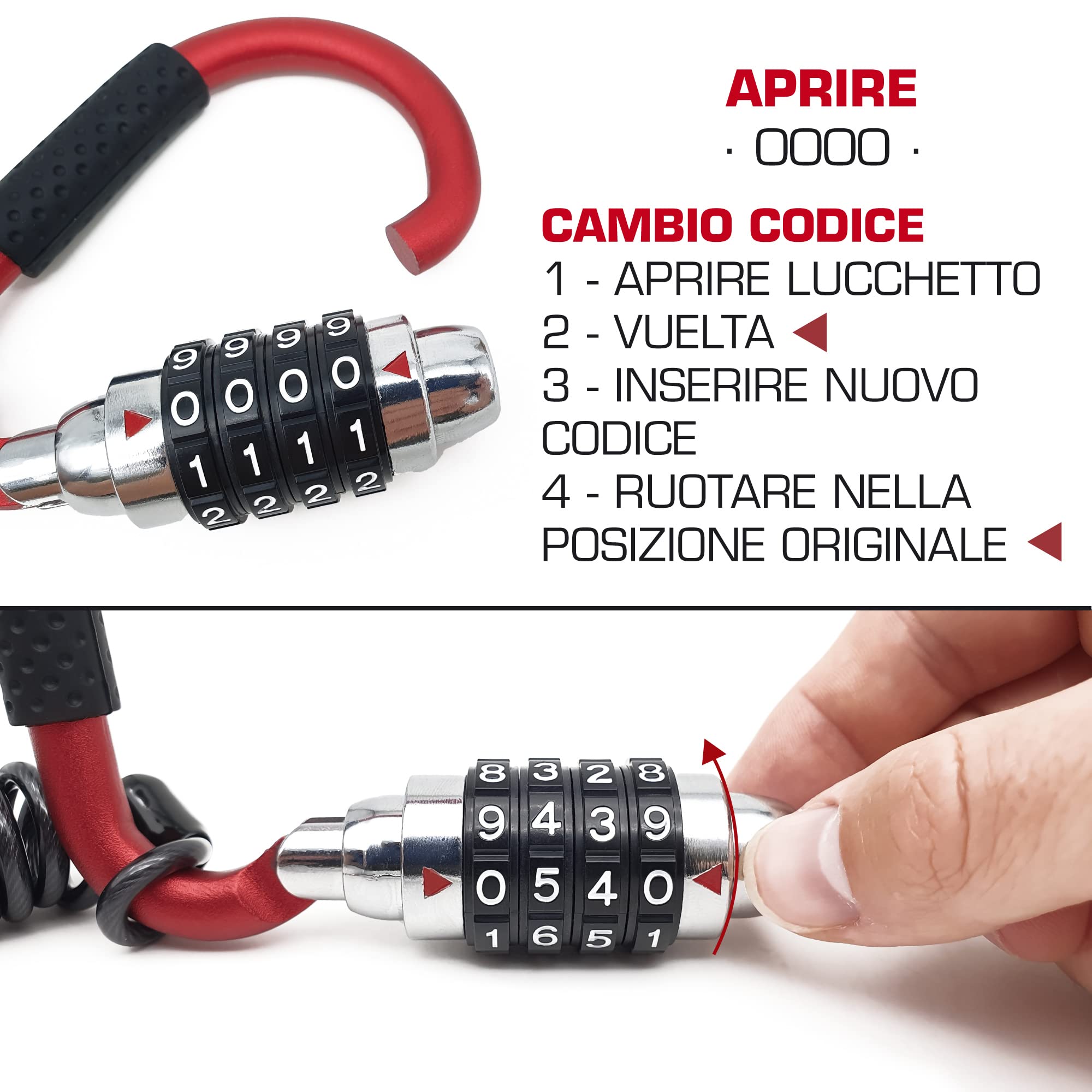 RADIKAL RK540R Lucchetto Casco Moto, Antifurto Casco Moto, Moschettone con 4 (altri 3) Codice Più Sicuro + Cavo Flessibile in Acciaio + Adattatore a T, Accessori Blocca Gancio Bici