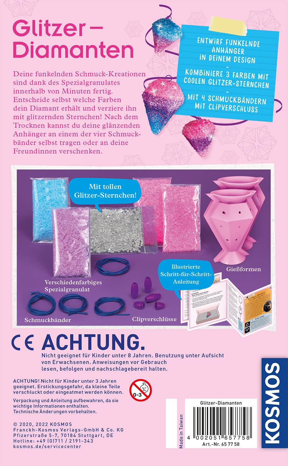 Der KOSMOS 657758 Glitzer-Diamanten Bausatz ermöglicht Kindern das Gestalten eigener funkelnder Schmuckstücke.