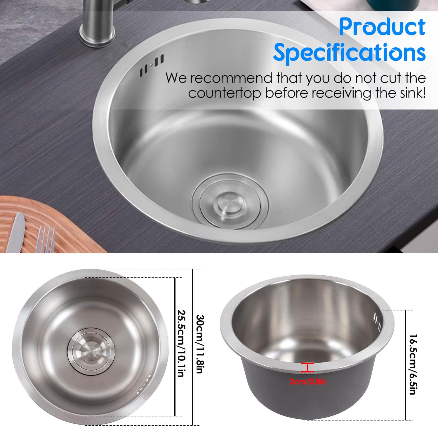 Fregadero Cocina Acero Inoxidable Redondo 30cm Drenaje Lavabo | Bandeja 11.8x6.5 Pulgadas con Tubo Drenaje para Baño RV Hogar