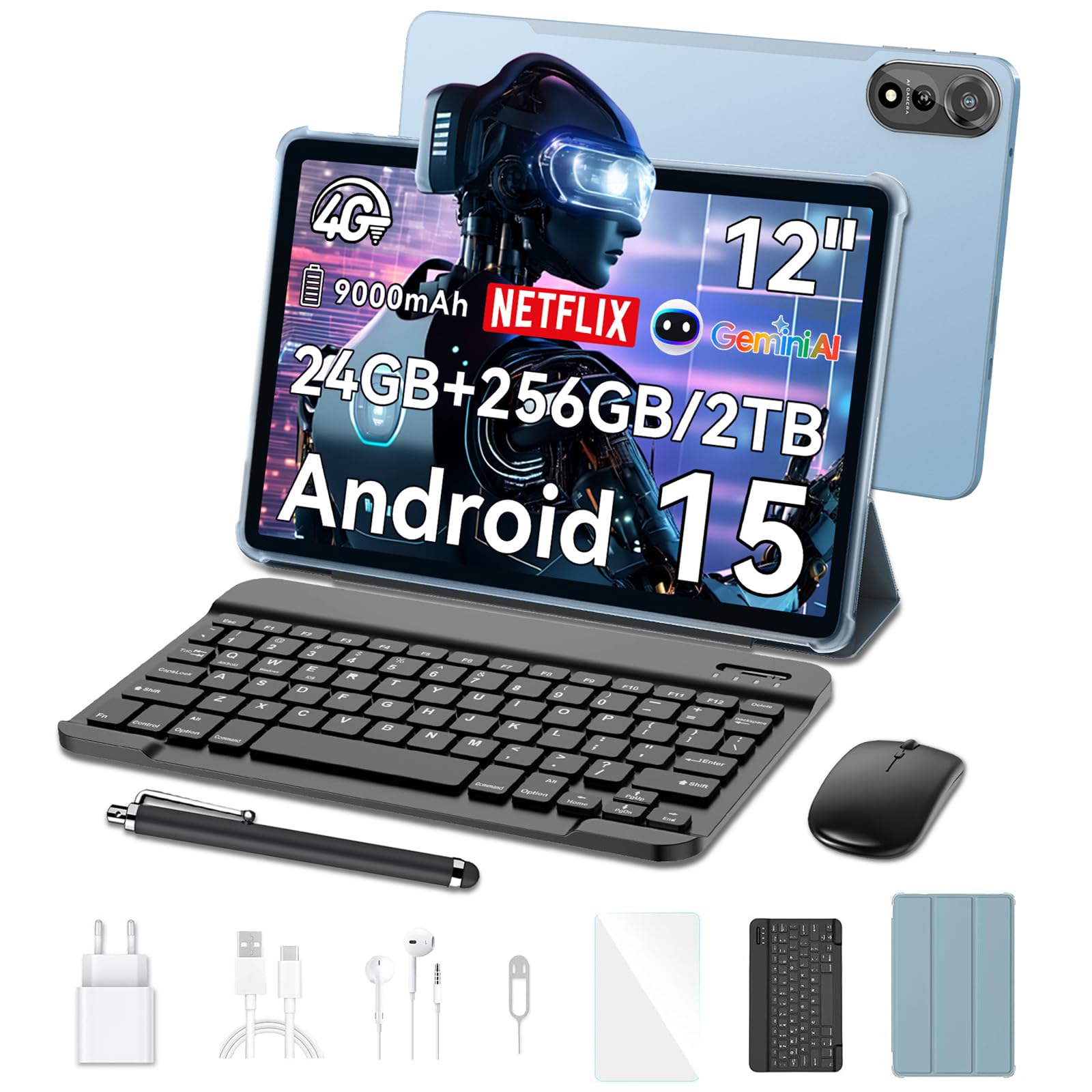 Blackview Mega2 Android 15 Tablet 12 Zoll mit Tastatur, 24GB RAM+256GB ROM, 2K FHD Großes Display Gaming Tablet, Dual 4G LTE+5G WiFi,Octa Core T615, 9000 mAh Akuu, WideVine L1,Dual Kamera,Face ID,GPS