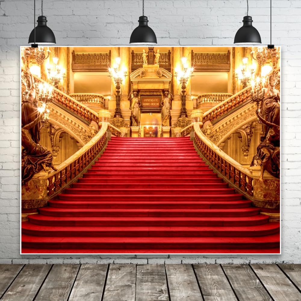 Golden Palace Fondale 3 x 2,4 m Tappeto Rosso Castello Elegante Fondale per Fotografia di Lusso Night Stage Prom Tappeto Rosso Scale Matrimonio Compleanno Cerimonia Festa Sfondo Photo Booth