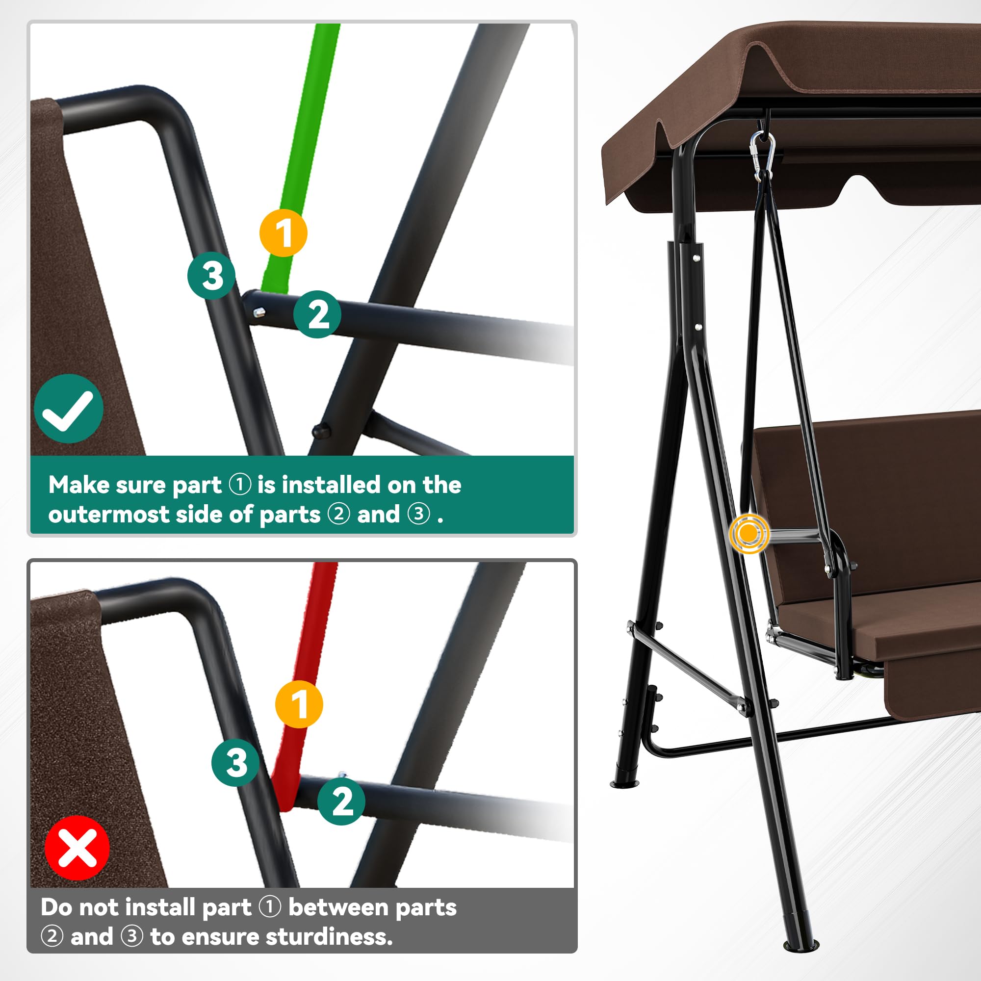 YITAHOME Balancin Jardin Exterior, 3 Plazas Columpio Jardin Exterior, Columpios Balancines de Jardin con Techo Ajustable y Cojín Extraíble para Terrza Balcón Adultos Infantil, 270KG Cargable, Marrón
