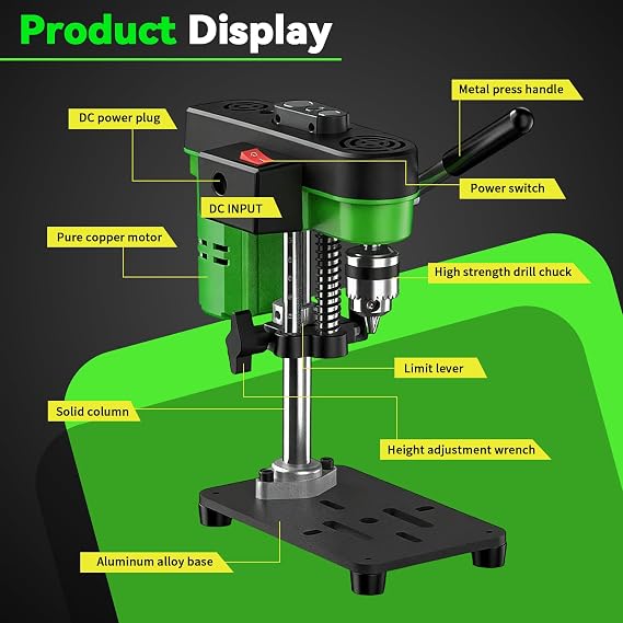 Mini Bench Drill Press,7-SPD Adj Portable Pillar Drill Press AC/DC Power | 100W Benchtop Drilling Machine 52 PCS Accs,High Precision Low Noise Table Drill Bench Machine for DIY Woodwork, Metal,Craft