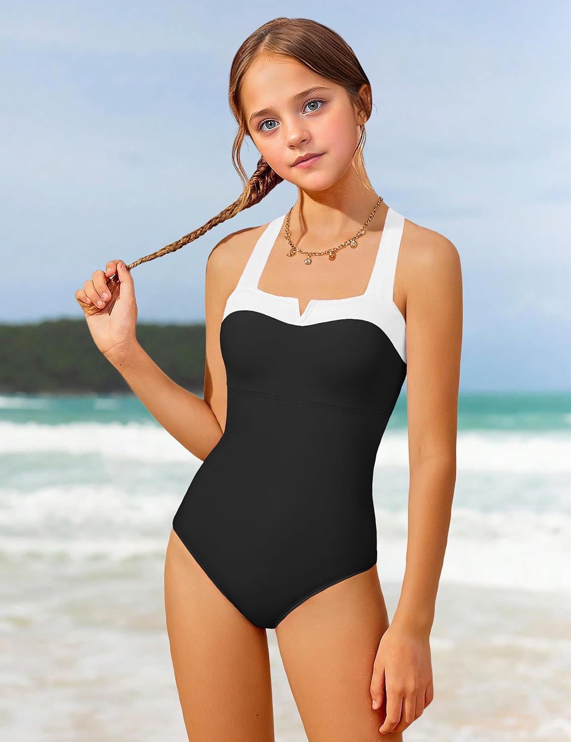 Shallmu Girls One Piece Swimsuits Color Block Dual Crossback Straps with Cover Up Skirt Girl's Swimwear 9-16Y - Image 2