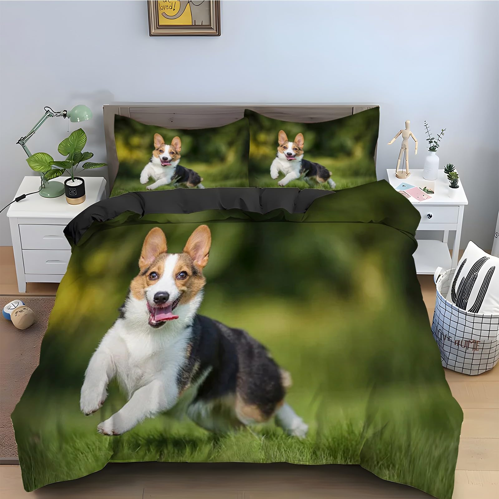 Housse de couette Corgi 240x260 pour grand lit double, ensemble de literie animal 3 pièces