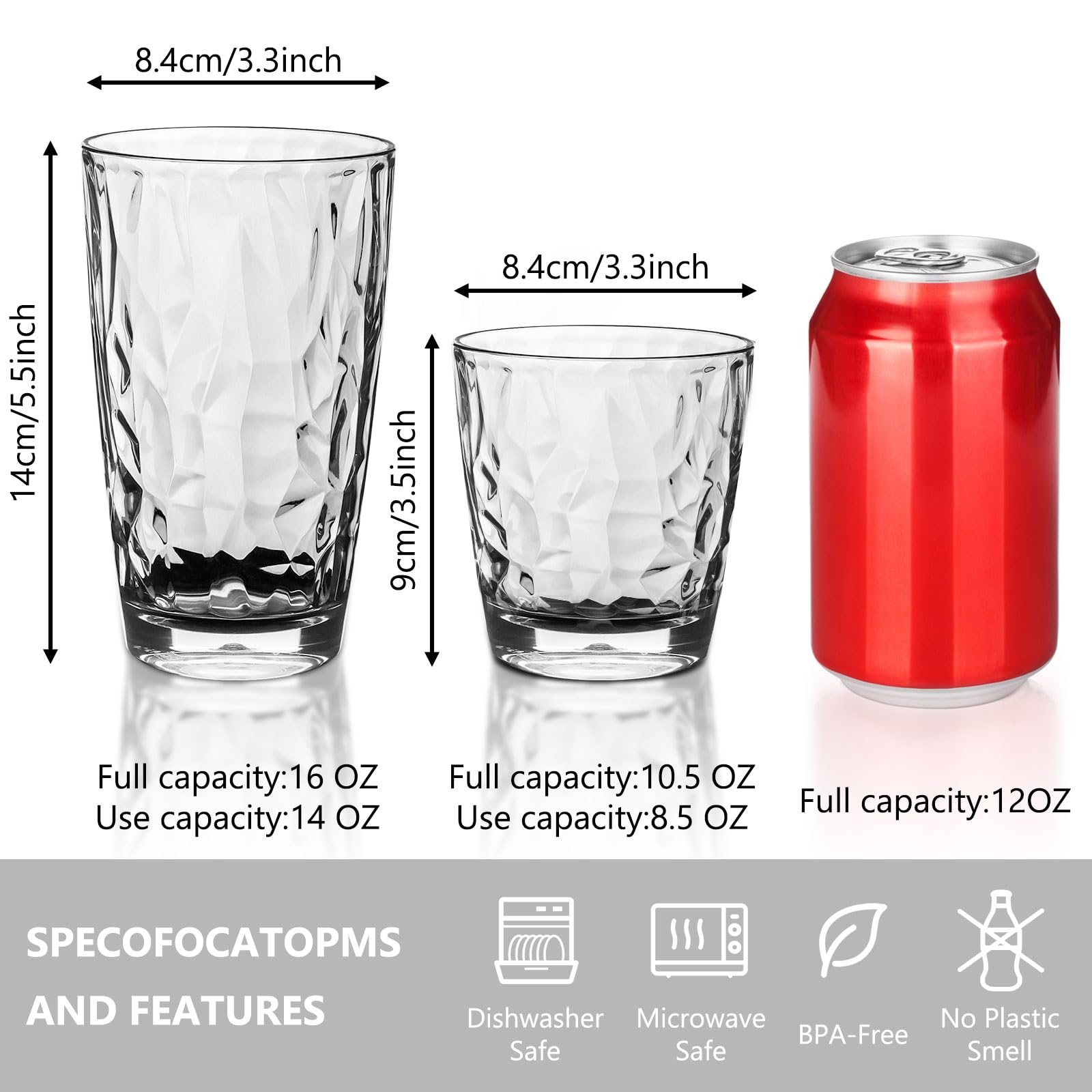 Vasos de plástico irrompibles para bebidas, vasos de vino de acrílico para fiestas de picnic en casa, aptas para lavavajillas, apilables, 8 unidades cada uno: 10 onzas y 16 onzas en transparente