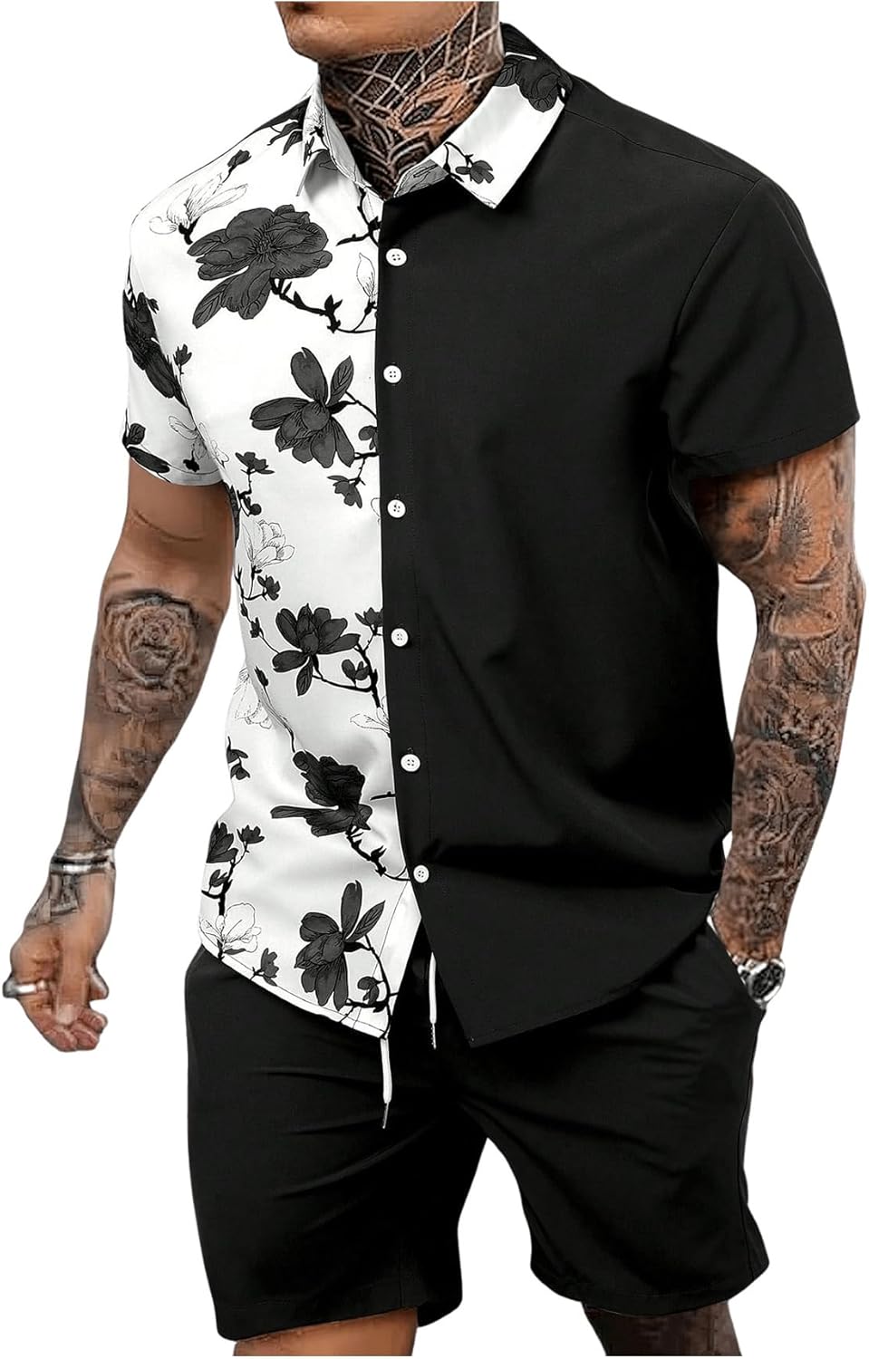 OYOANGLE Men's 2 Piece Vacation Outfits Tropical Hawaiian Button Down Shirt and Shorts Set