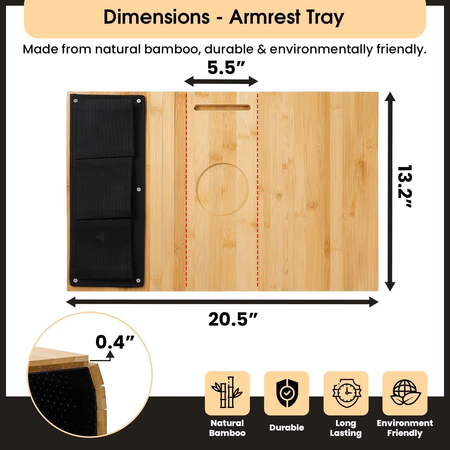 Trendy Trays Sofa Armrest Tray Bamboo with 3 Side Pockets | 22x37cm Anti-Slip Couch Armrest Table with Cup Holder, Phone Holder & Remote Organizer | Durable and Stable Arm Rest Caddy for Living Room 3