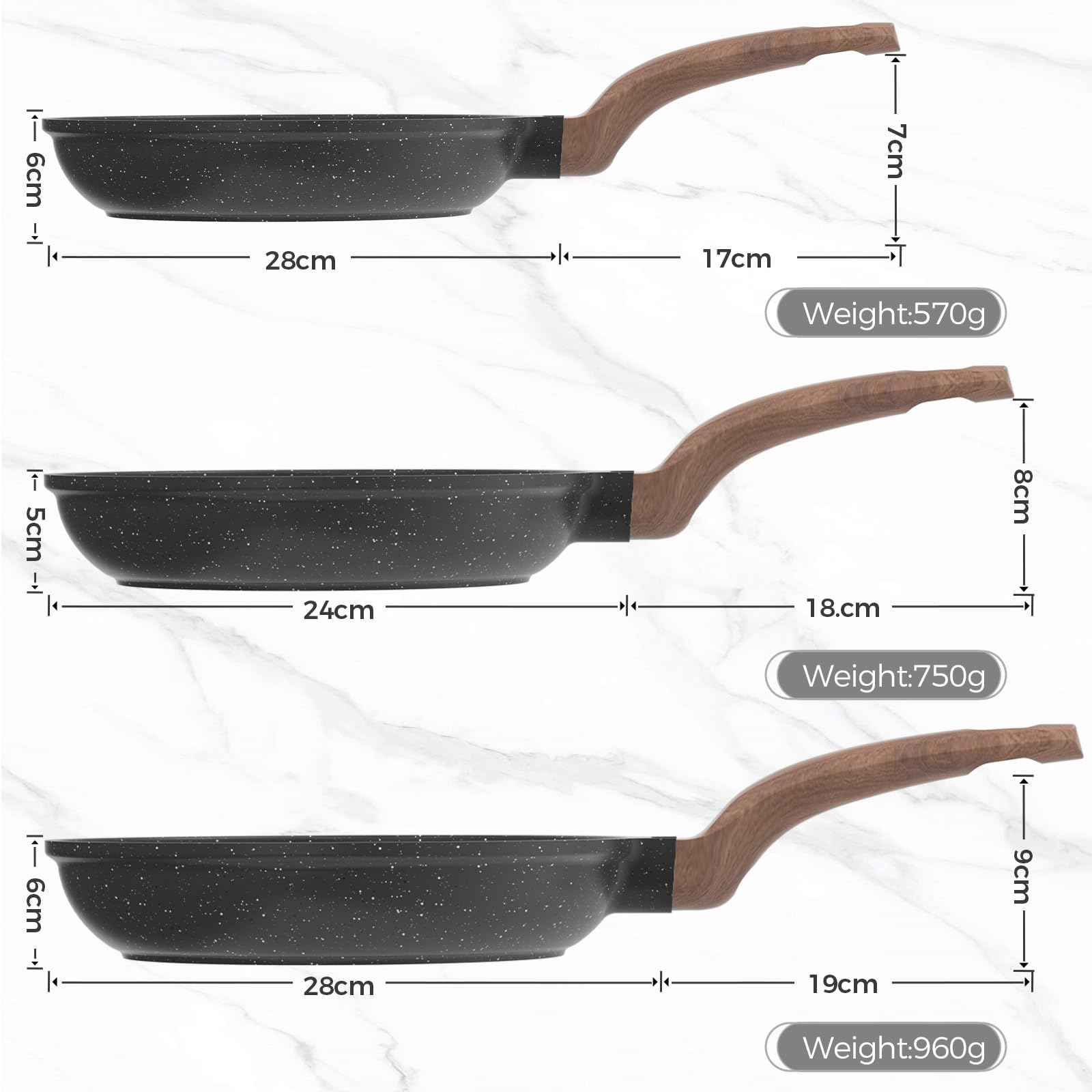 YASHE Antihaft-Bratpfannen-Set, 3-teilig mit 20/24/28 cm Granit-Pfannen, induktionsgeeignet, gesunde und langlebige Pfannen für Omeletts & Alltag, Kochen, Grau
