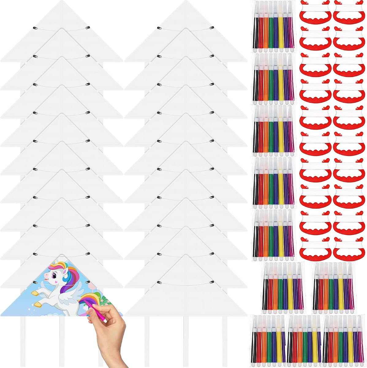 Cometa en blanco de bricolaje de 20 piezas Honoson con bolígrafos de acuarela y kits de artesanía de cuerda de 20 pulgadas que decoran el paquete de cometas para colorear para actividades al aire libre y actividades