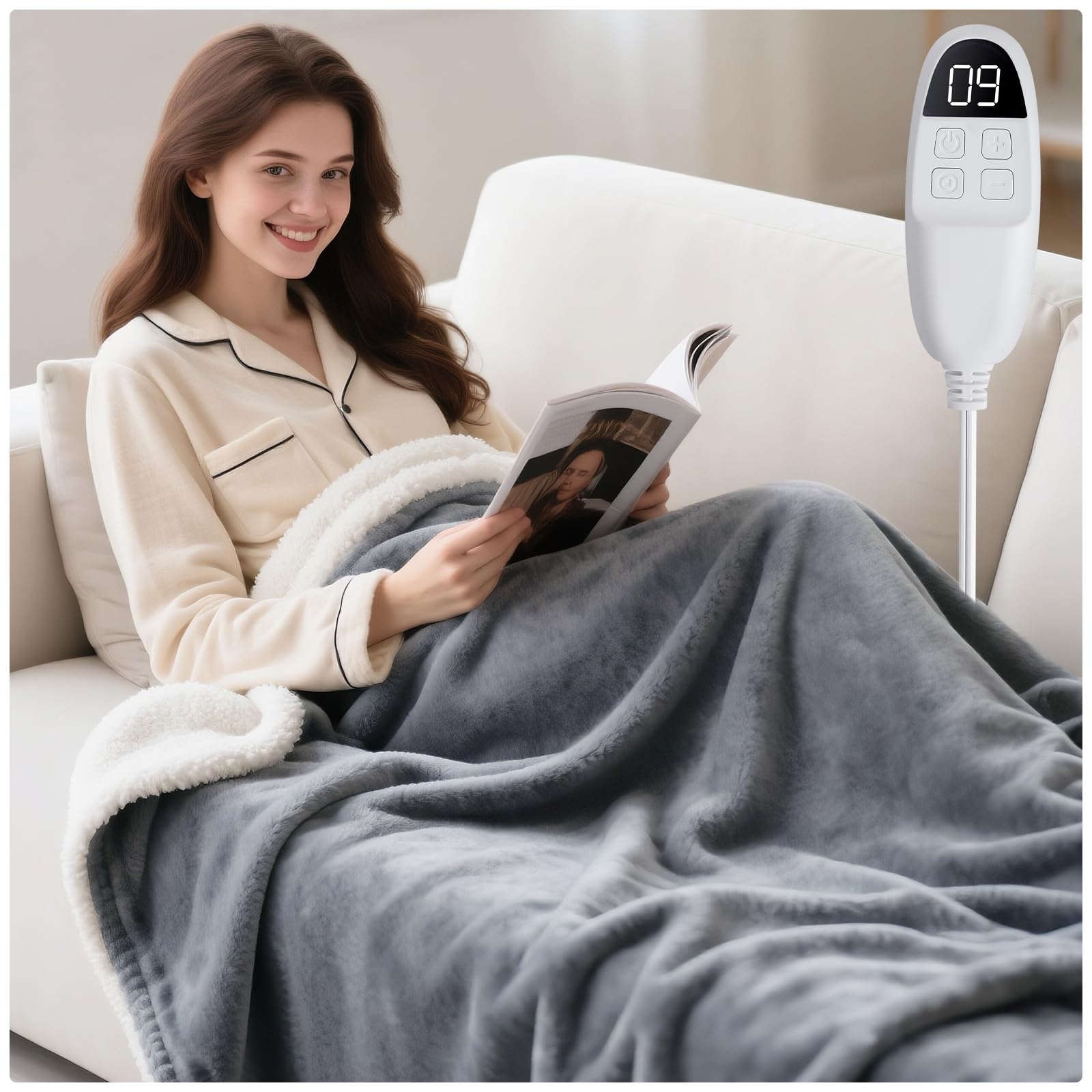 Coperta Elettrica Riscaldante Qoosea 160x130 cm - Spegnimento Automatico 1-9h - 9 Livelli di Calore - Coperta in Peluche Sherpa Lavabile - Protezione Surriscaldamento - per Letto e Divano (Grigio)