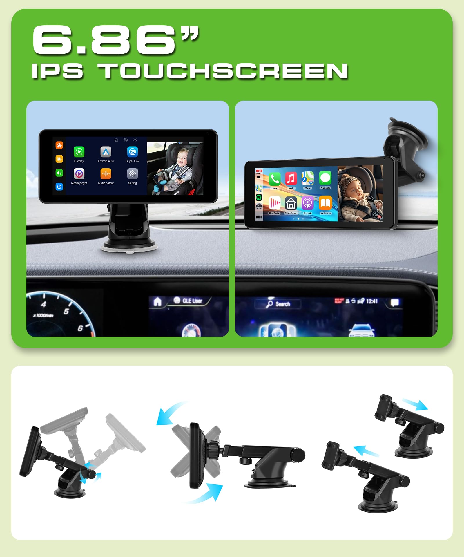 VECHTEL Camera Voiture bébé 2 enfants écran partagé 6,86 pouces HD 720P vision nocturne rotative 360° support ventouse