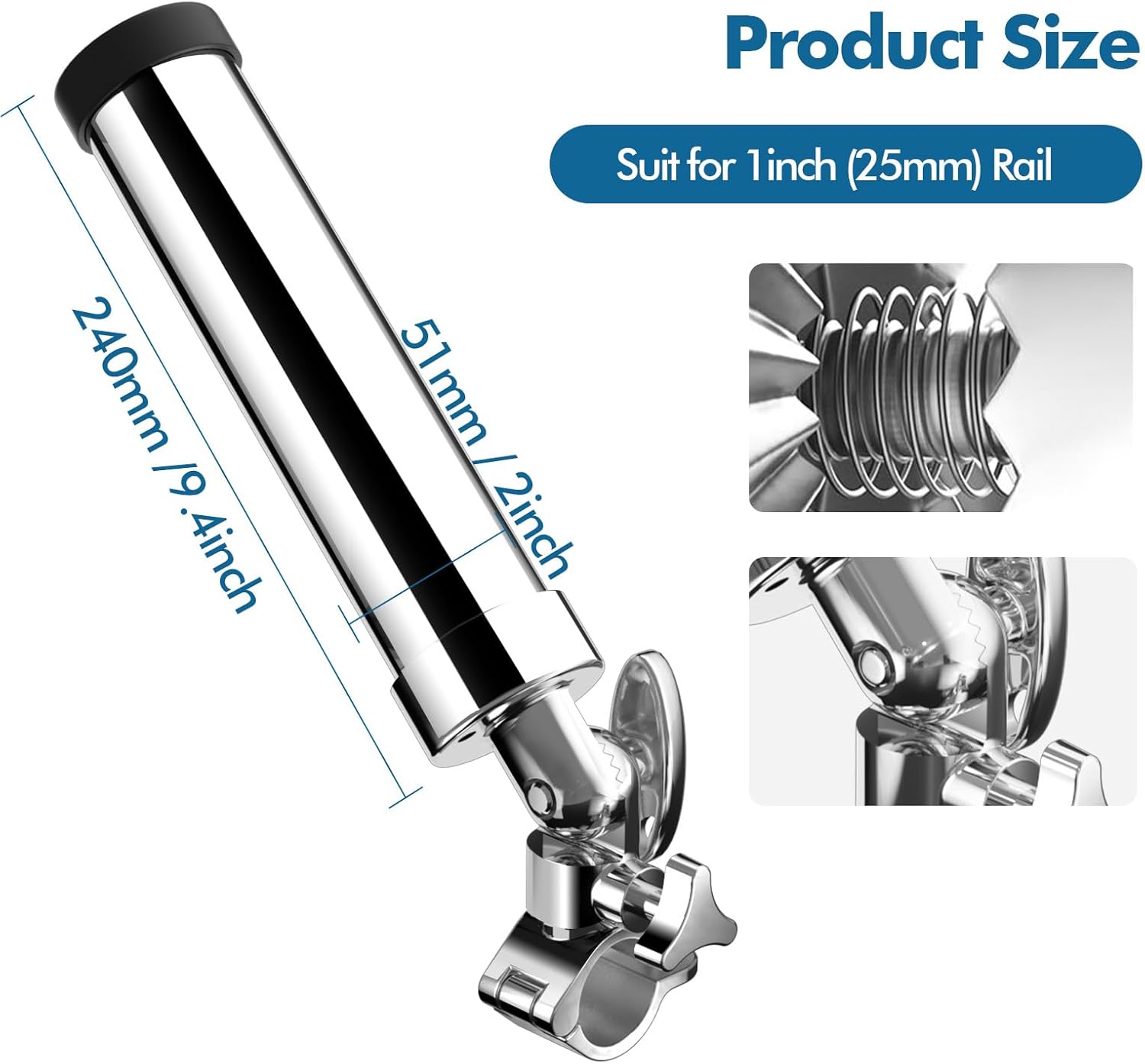 Boat Rod Holders 316 Stainless Steel 2 Pack , 360 Degree Rotating Adjustable Rail Mount Fishing Pole Rod Holders for 7/8", 1", 1-1/4" Rail, Clamp on Rod Holder for Fishing Boat