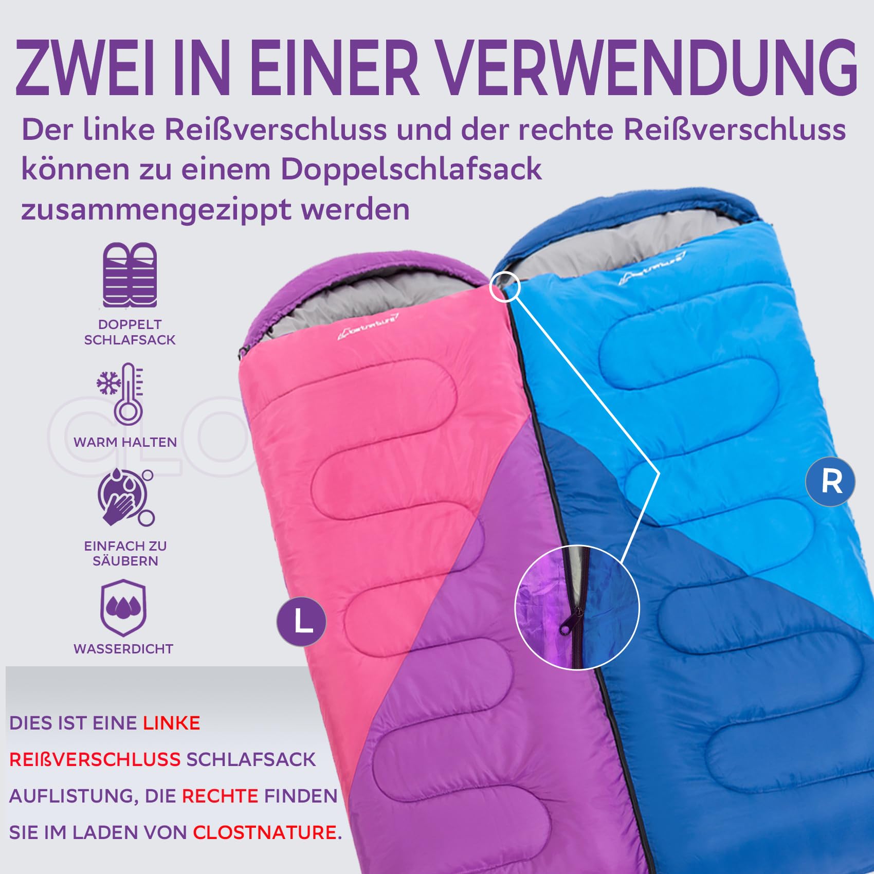 Clostnature Leichter Schlafsack für Camping – Outdoor Lässiger Deckenschlafsäcke mit Kleines Packmaß für Erwachsene, Damen, Herren, Wandern, Sport, Bergsteigen(Links Reißverschluss)