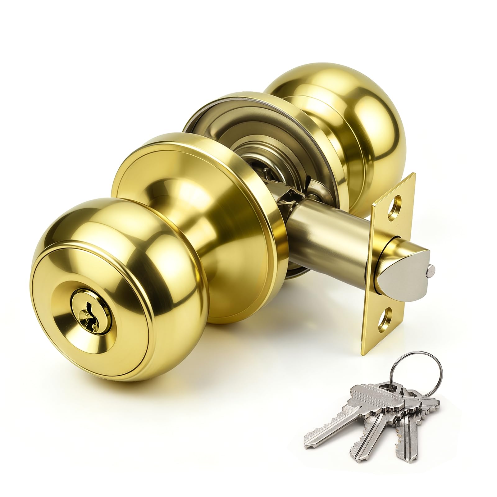 Brotima Round Bright Brass Entry Knob Set,Keyed Door Knob for Front Entrance Wooden Doors,Door Lock Set with Adjustable Latch (60mm/70mm)