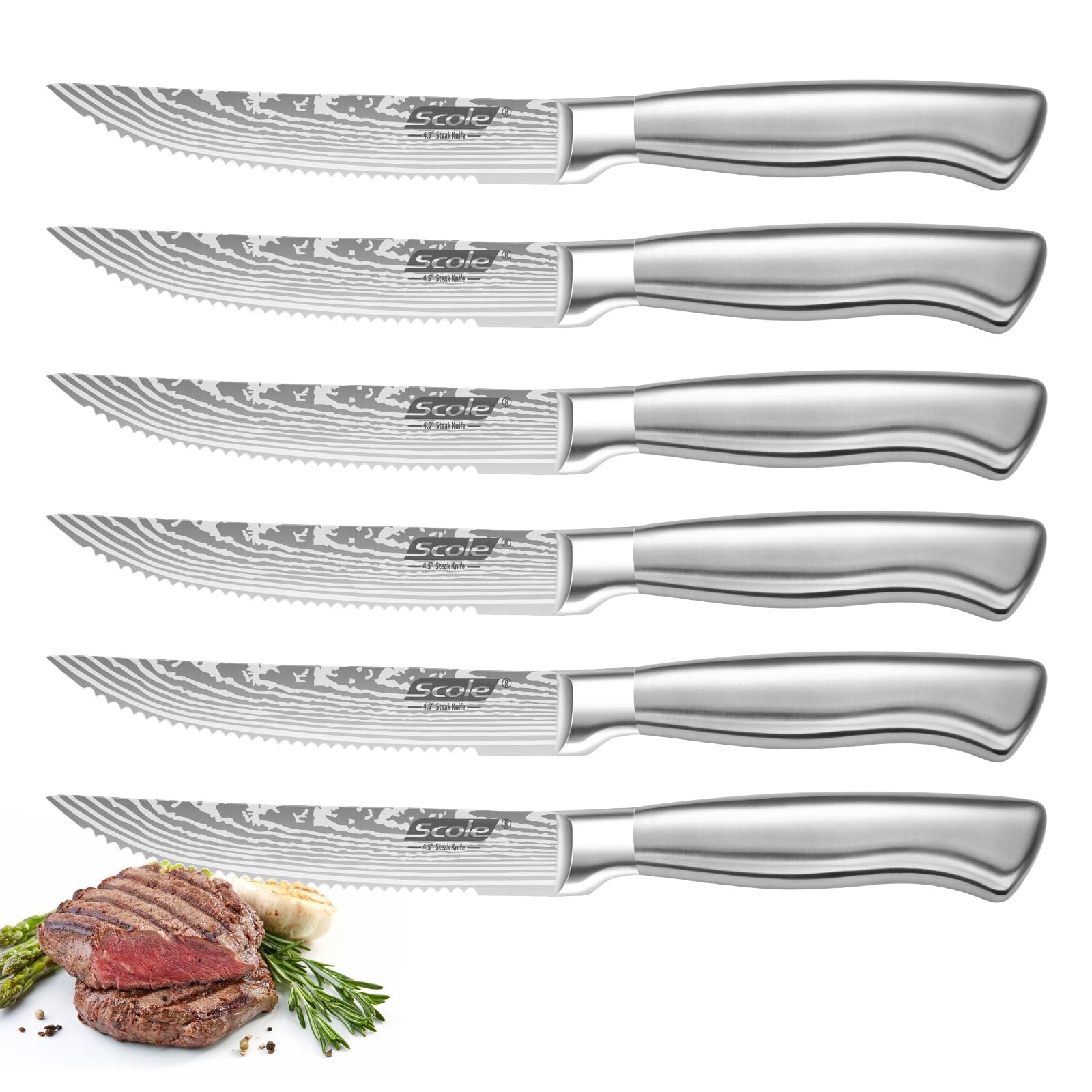SCOLE® Steak Knives, 4.5 inches Steak Knife Set of 6, Dishwasher Safe Serrated Steak Knives German Stainless Steel Dinner Knives with Gift Box, Silver