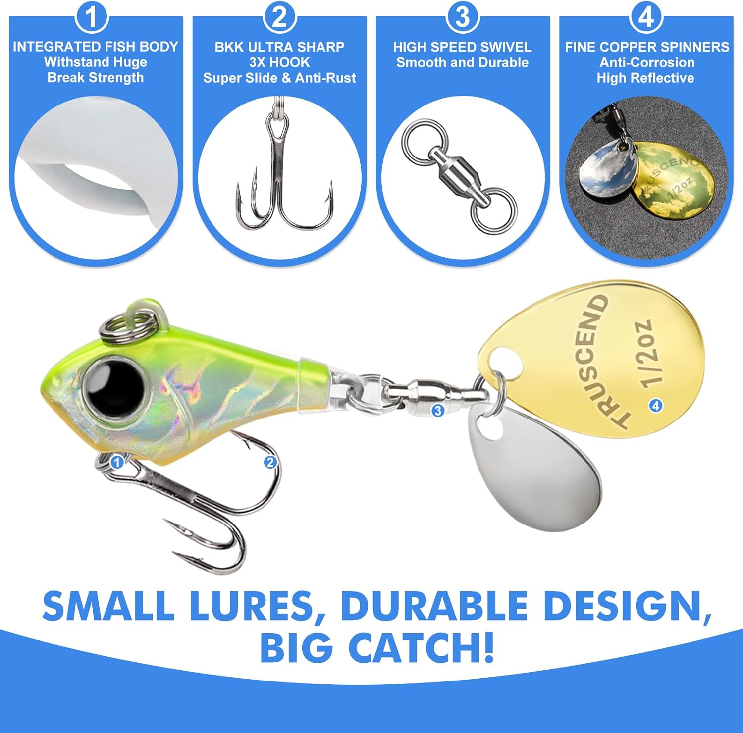 TRUSCEND Vibespinner Lures with BKK Hooks – Easy Catch: 4 Actions (Vibrate/Swim/Flash/Jig) for More Bites, Longer Cast Search Bait – Jigs for Bass, Crappie, Trout, Walleye – Ideal for Family Fishing