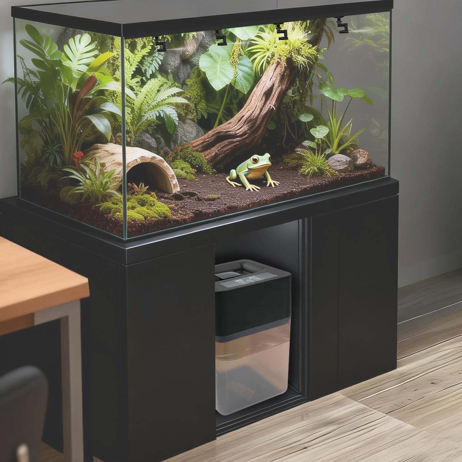 Brumisateur automatique pour reptiles avec 4 buses à 360°, réservoir de 12 l, minuterie (durée de pulvérisation 5 à 60 s / pause 1 à 24 heures), tuyau de 10 m, brume silencieuse pour terrarium