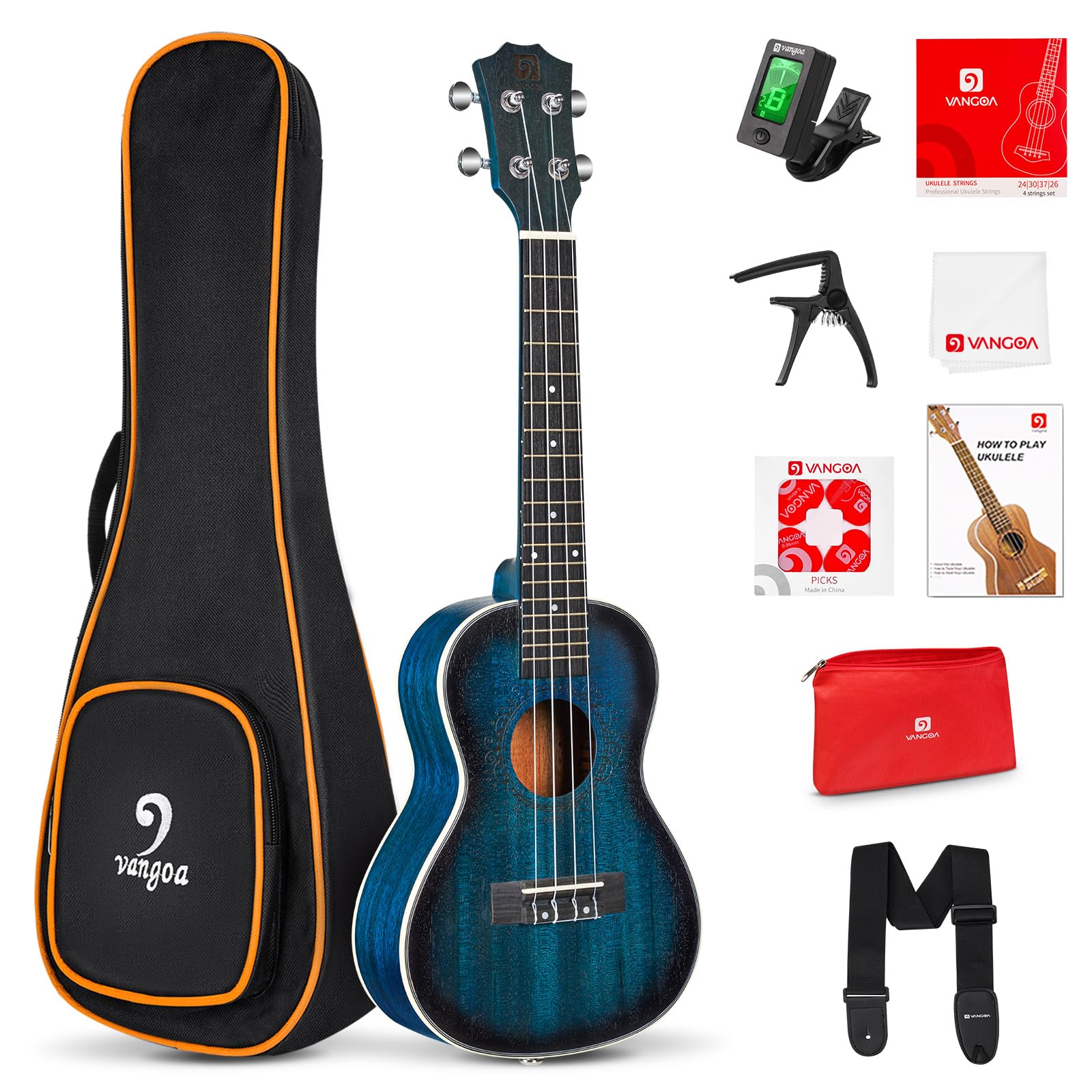 Vangoa Ukulele 21" Adult Beginner Soprano Ukulele Mahogany Bundle Professional Four String Wooden Hawaiian Starter Uke Kit, Blue