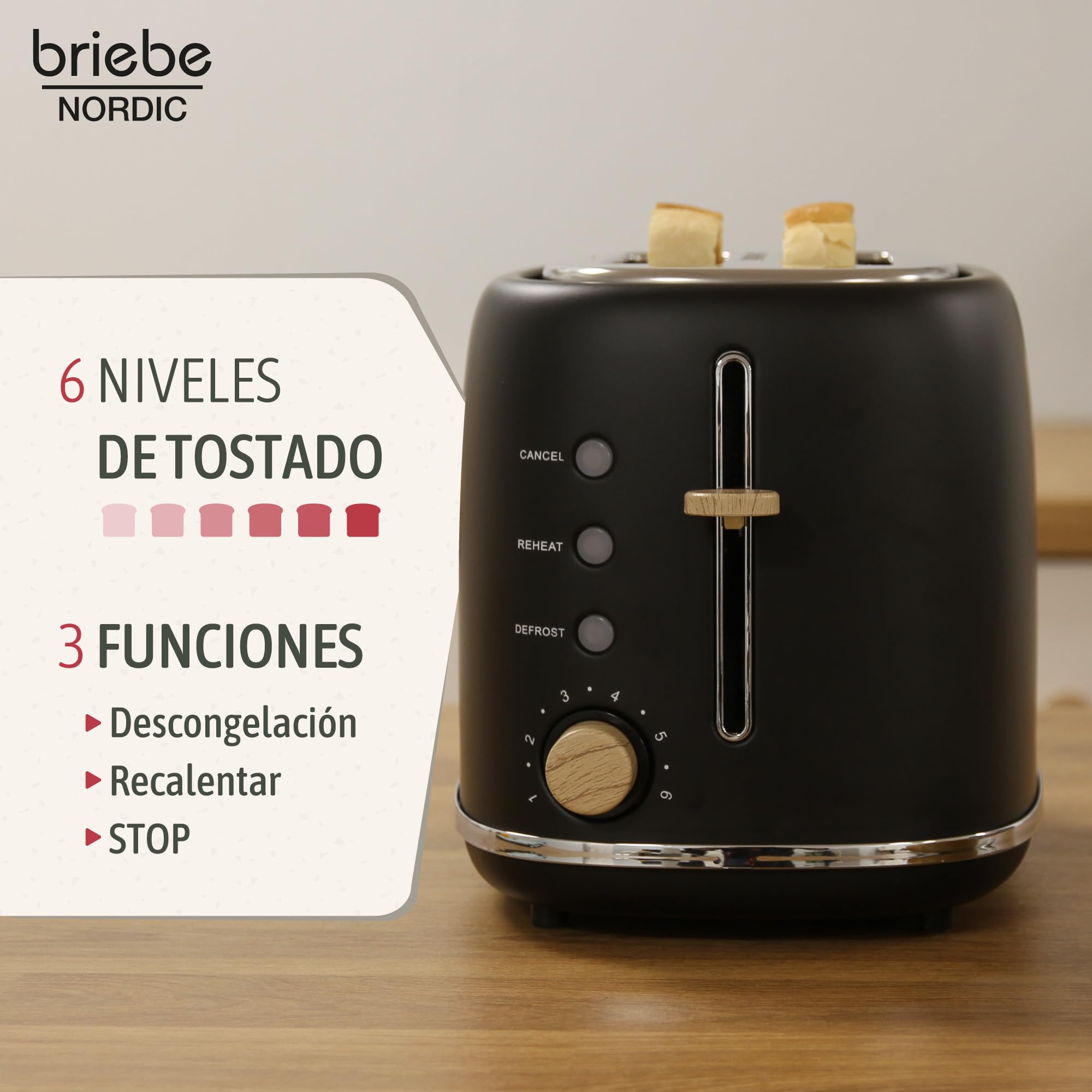 briebe Nordic Set Tostadora Pan Ranura Ancha 2 Rebanadas, 6 Niveles Tostado + Hervidor Agua Eléctrico 1,7L Inalámbrico, 2200W Ebullición Rápida, Libre BPA, Pack Desayuno Diseño Nórdico, Negro