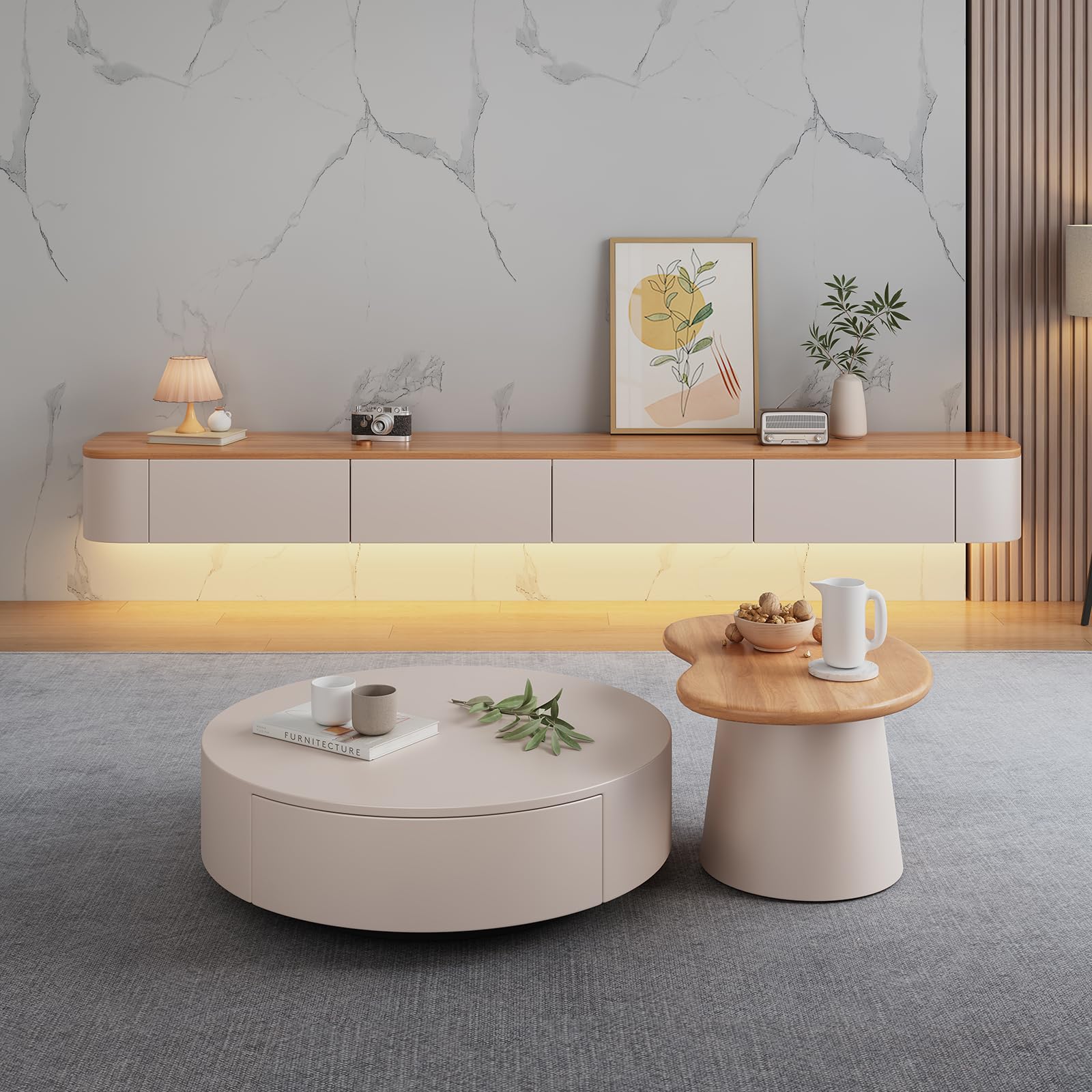 Meuble TV Flottant, Étagères TV Murales Avec Porte, Console Multimédia TV, Armoire TV Flottante avec Grand Rangement Sous TV (Bois+LED, 120CM/47,2")