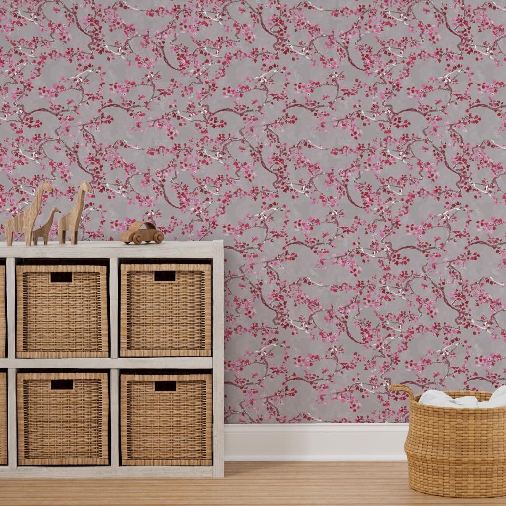 Spoonflower Removable Wallpaper 3ft x 2ft - Branches Bloom Floral Cherry Blossom Pink Gray Custom Pre-Pasted Wallpaper