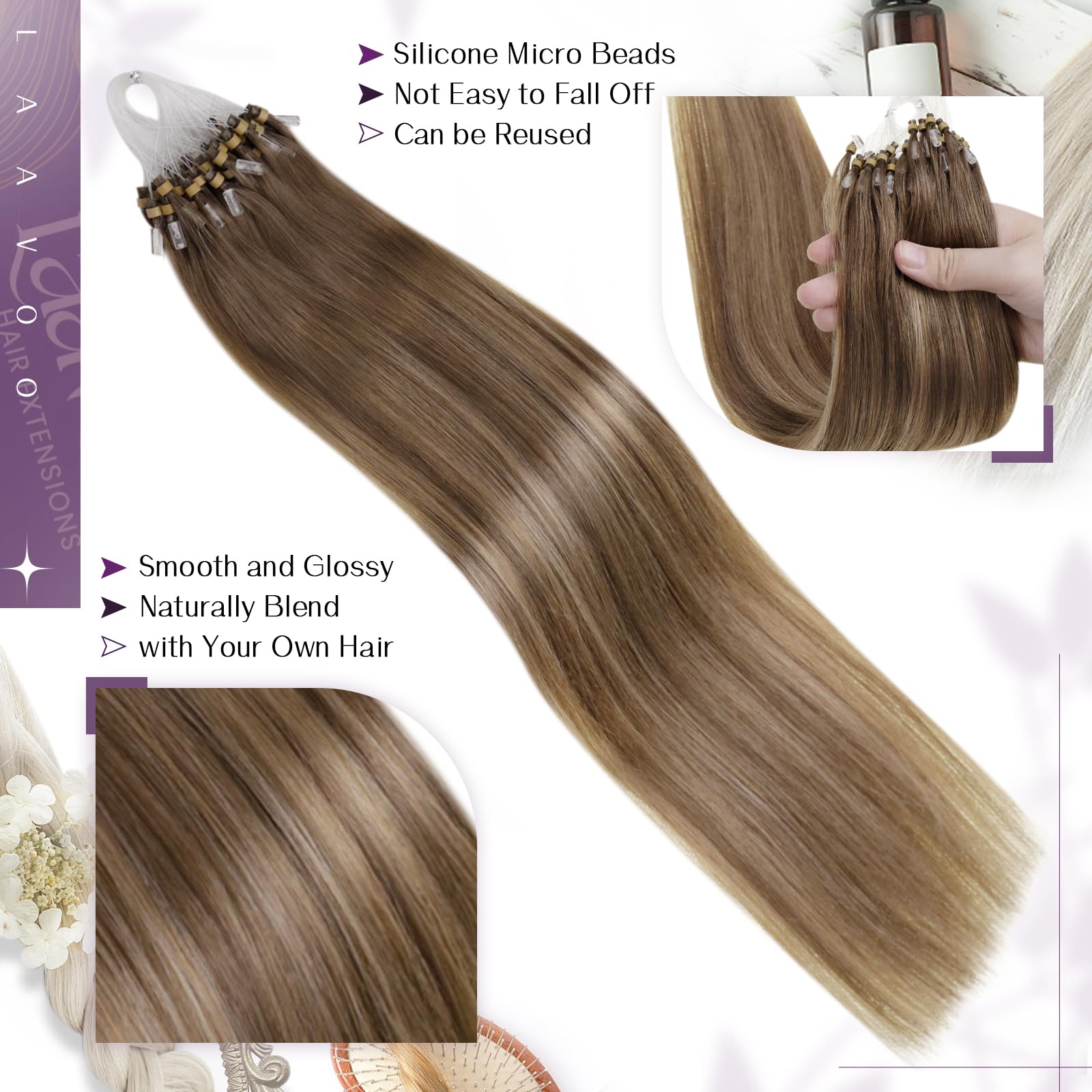 LaaVoo Human Hair Extensions Micro Ring 20 Inch Real Brown Remy Straight Balayage Light Brown & Dark Blonde Invisible Micro Beads Hair Extensions 50g 50s #8/16/8 - Image 2
