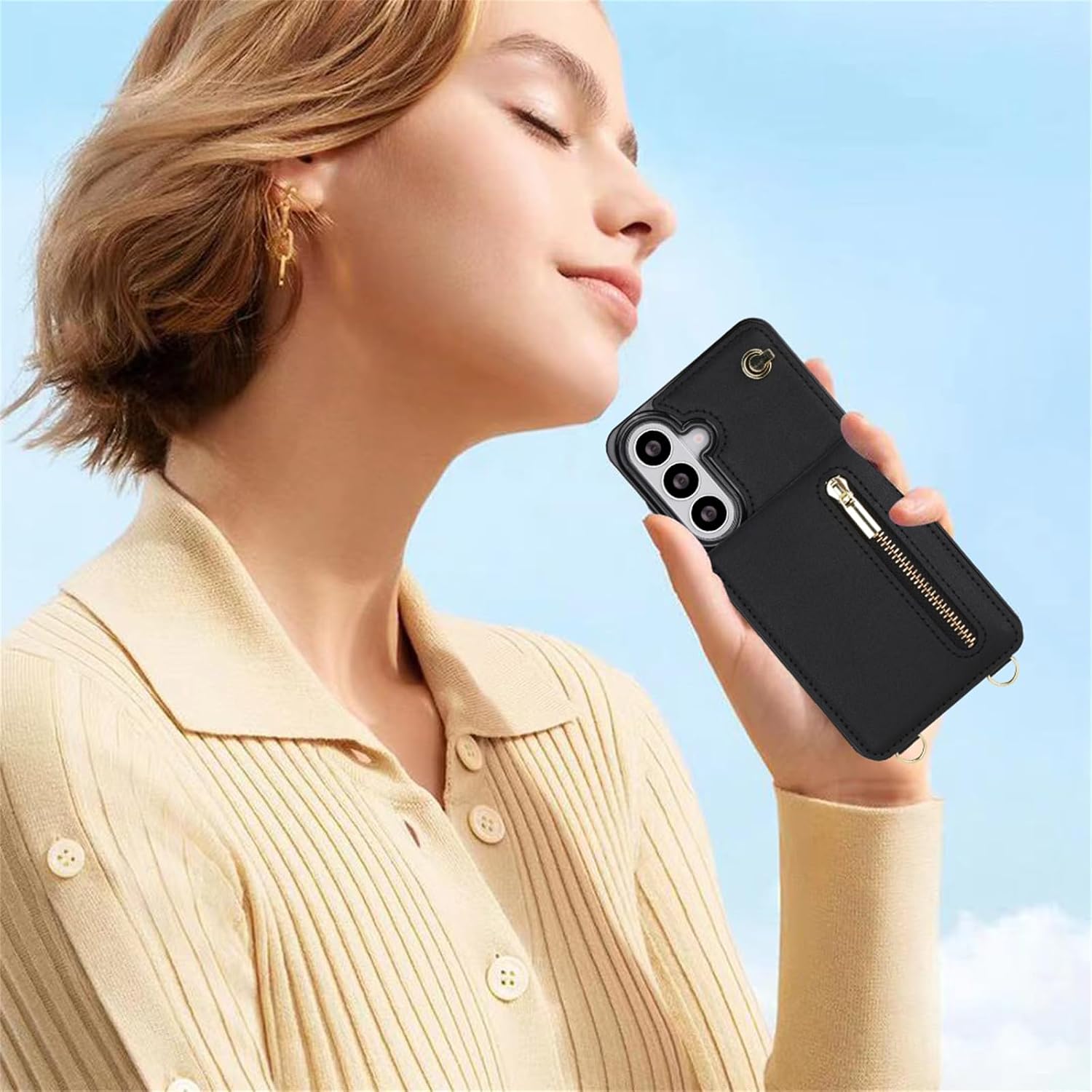 Crossbody Wallet for Samsung Galaxy S26 Plus Case Zipper-Black | Card Holder-Women Zipper Pocket Removable Shoulder Lanyard Wrist Strap Purse Flip Folio-Snap Clasp-Shockproof Protection