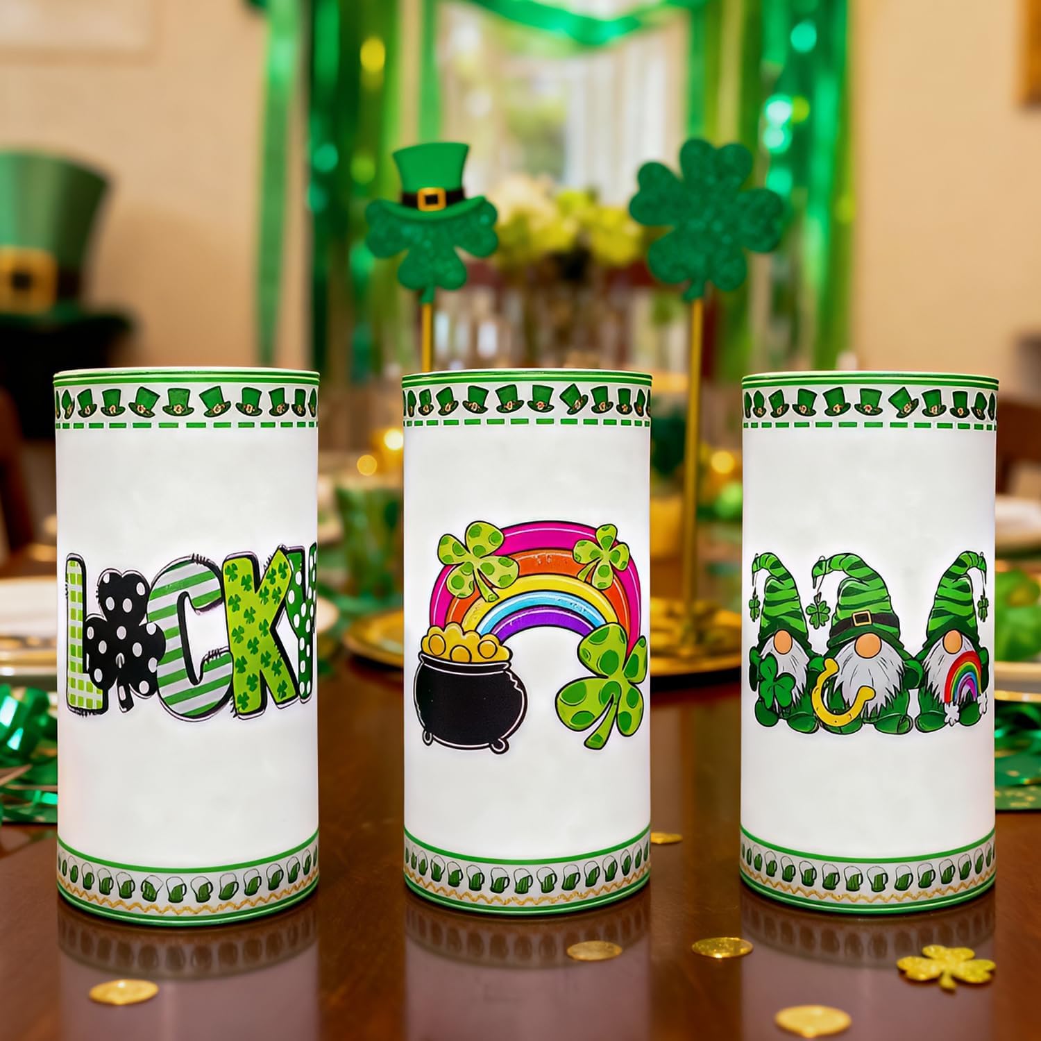 3PCS Green St. Patrick's Day Flameless Candles with Remote Control,Led Pillar Candle Battery Operated for Saint Paddy's Day Party Holiday Home Decor Spring Easter Decoration