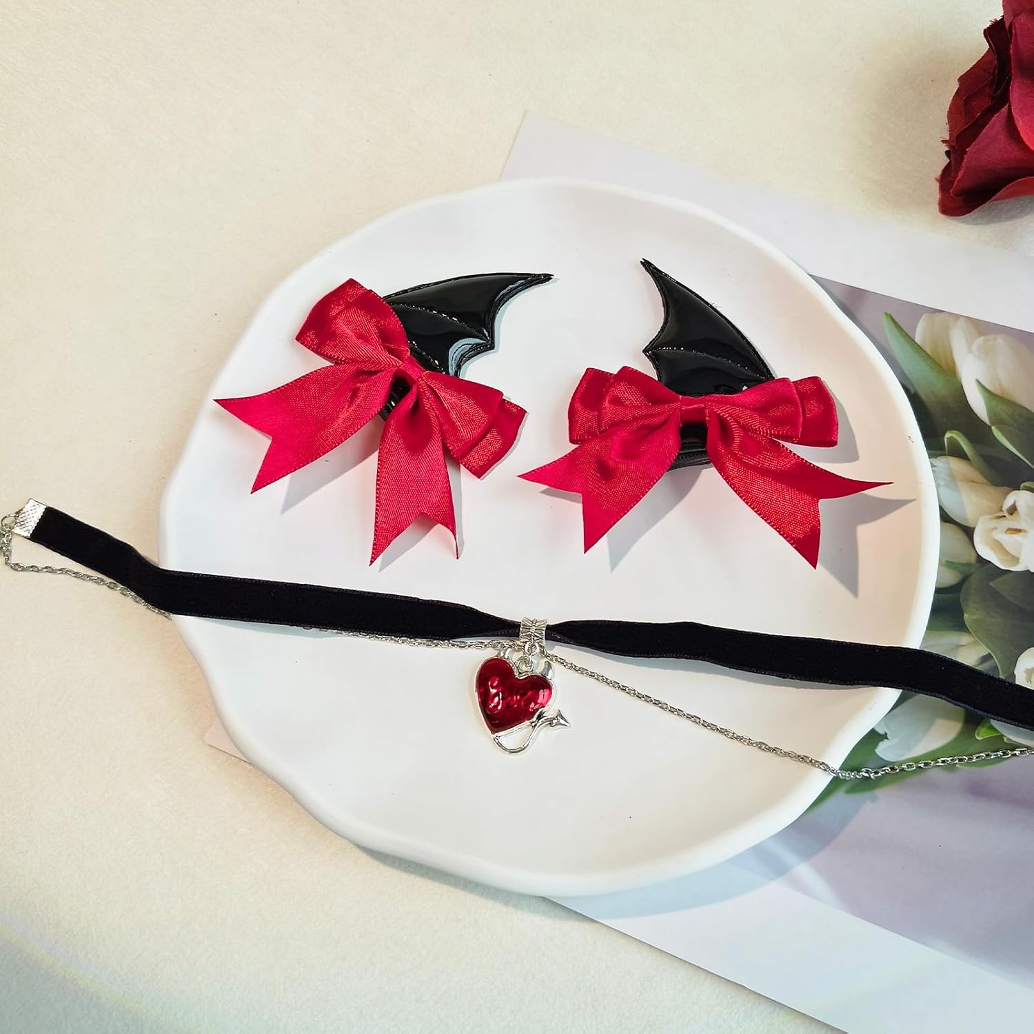 Devil Gothic Accessories Set Bat Bow Hair Clips Red Heart Choker image 5