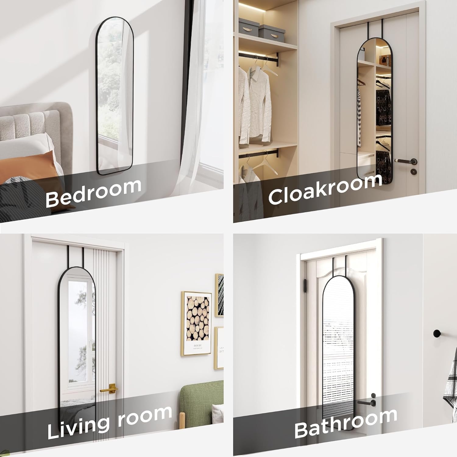 47x14 Mirror Full Body Length Door Hanging Rope Hang Wall Mounted Metal Frame Arch Mirrors for Bedroom Bathroom Dressing Living Room 47 14 inch Black