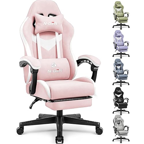 N-GEN GAMING Video Gaming Chair Office Computer Desk Use Ergonomic Reclining Backrest Adjustable Armrests Lumbar Support Footrest High Density Foam Breathable Fabric Heavy Duty Base (Pink) - Pink