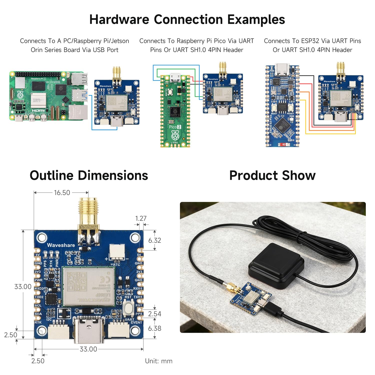 Waveshare LG290P GNSS RTK Module, Quad-Band RTK Centimeter-Level Positioning, L1+L2+L5+E6 Quad-Band Positioning Technology, Supports Multi-Constellation Simultaneous Reception