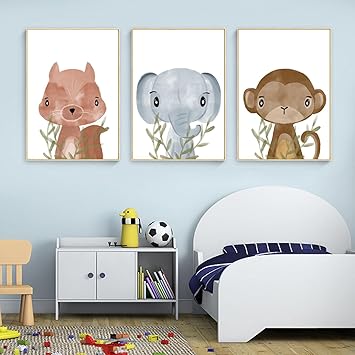 Amazon Co Jp 印刷壁アートキャンバス動物漫画リスザル猿象ポスター北欧印刷子供幼児の写真家の装飾30x50cm 12xin X3フレームレス ホーム キッチン