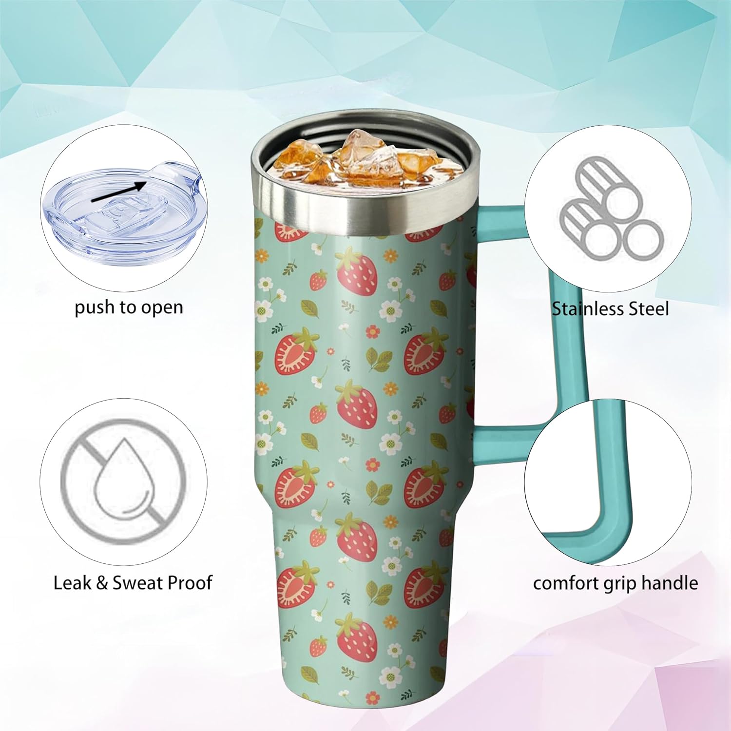 40oz Strawberry Stainless Steel Tumbler with Handle and Straw, Insulated Cup Travel Coffee Mug Water Bottle with Lid and Straw Women Gifts - Image 4