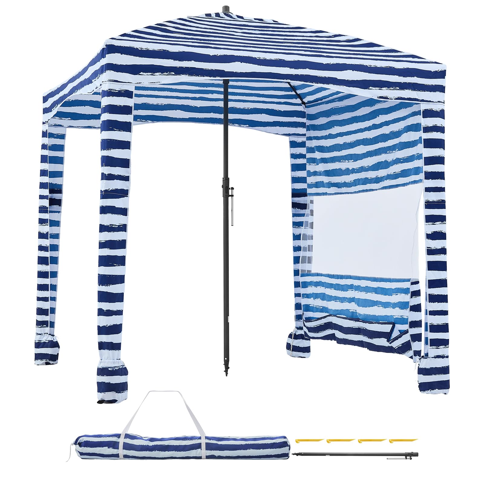 VEVOR Cabaña de Playa con Panel Lateral, Protección Solar UPF 50+, Sacos de Arena, Sombrilla Portátil para Disfrutar en Familia y con Amigos, Rayas Azul Marino y Blanco, 1830 x 1830 x 2290 mm