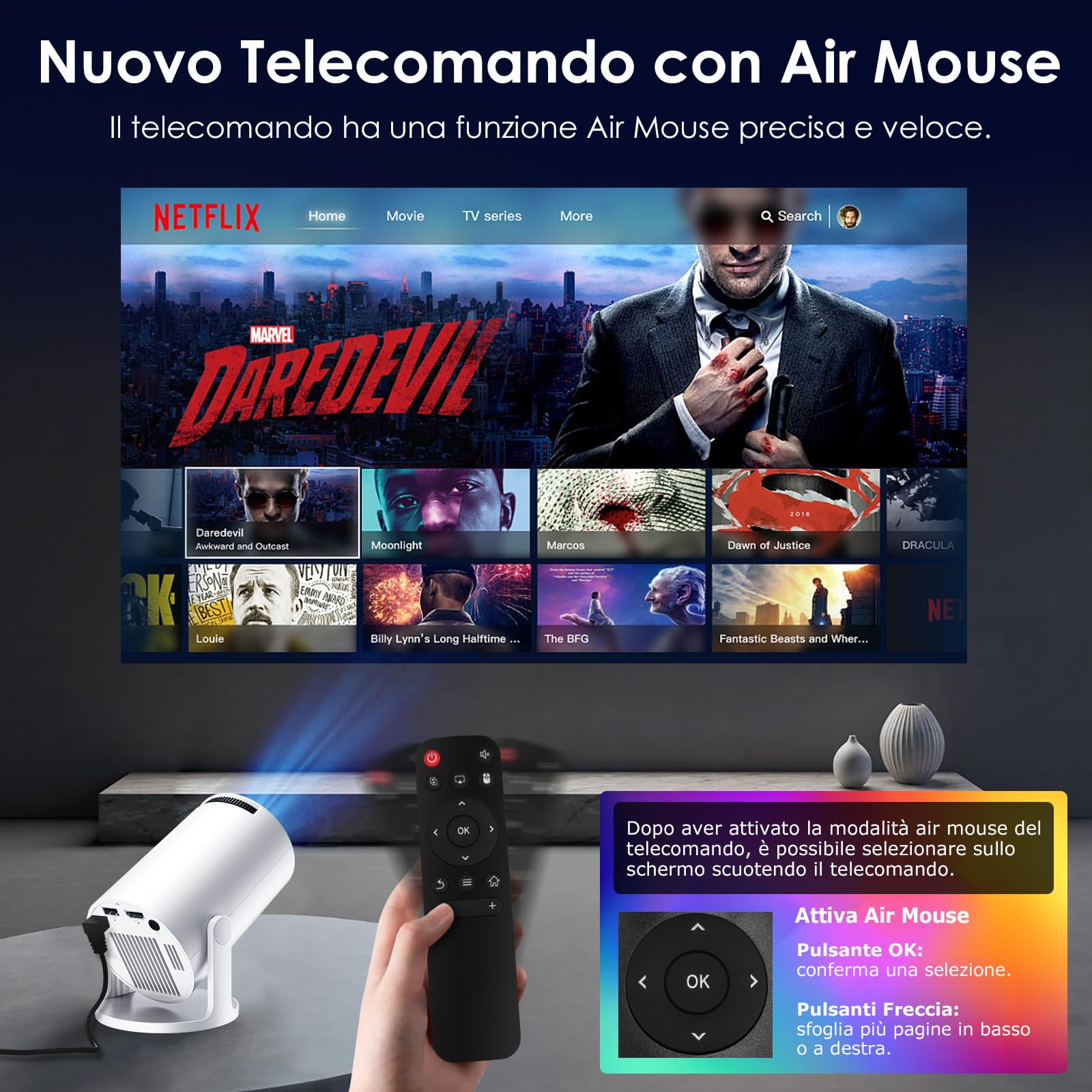WOLFANG Mini Proiettore【App Integrate & WiFi 6】Videoproiettore Portatile 1080P con Bluetooth e Trapezoidale Verticale Auto, Proiettore da camera da letto a 180° compatibile con iOS/Android/PC/TV Stick