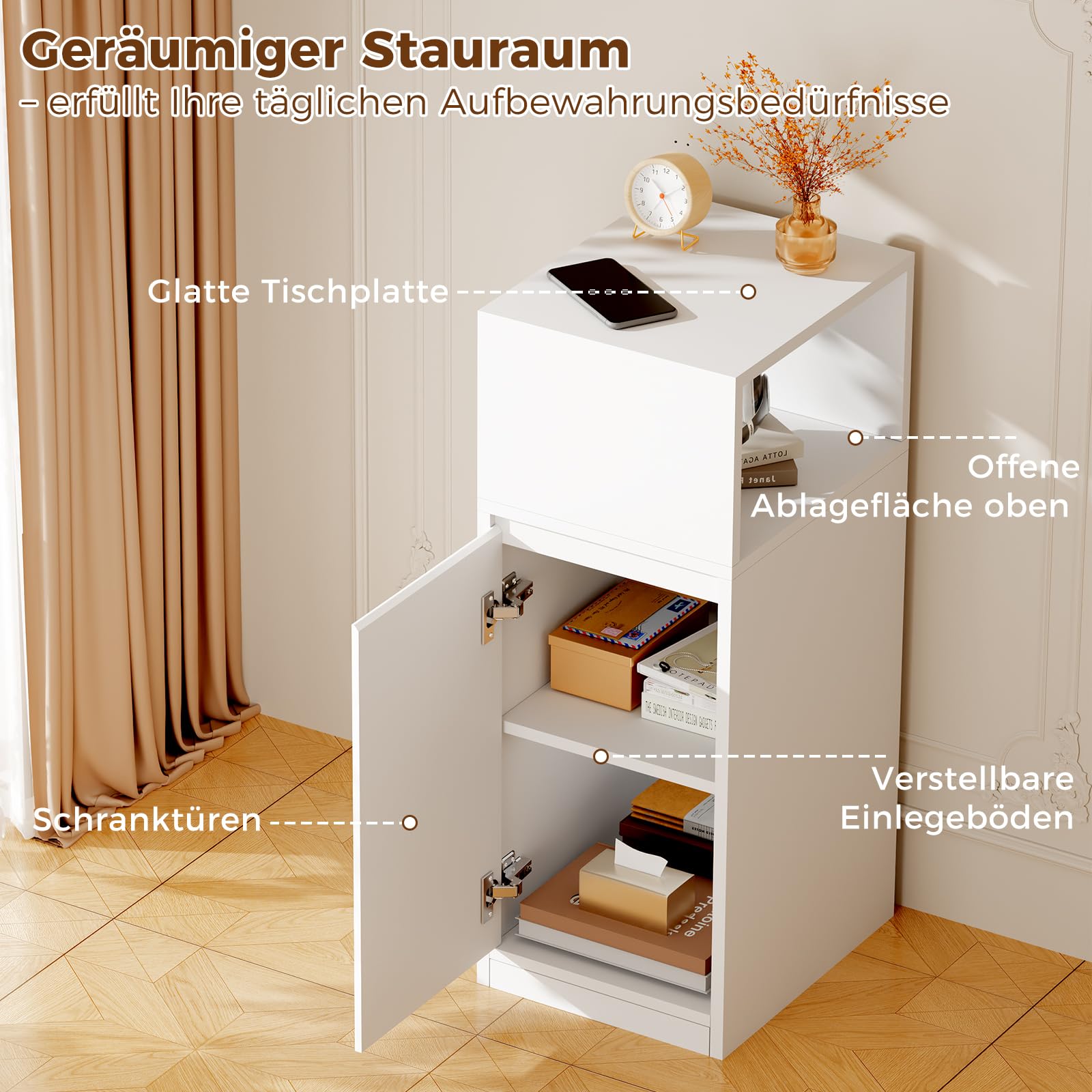 BEWISHOME Nachttisch 2er Set,Schmal,Beistelltisch mit 1 Tür | mit offenem Fach und höhenverstellbarer Trennwand,Schlafzimmer,Wohnzimmer,Weiß,65 x 25 x 30cm,EFCG13W