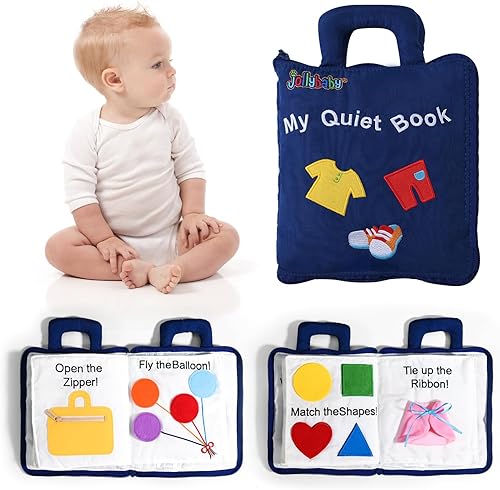 Jollybaby Libros suaves y ocupados para bebés, mi libro tranquilo, juguete de viaje y educación sensorial Montessori, 10 actividades de aprendizaje