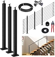 Muzata 10-15FT Black Modular Cable Railing Kit - 36" 3 Stair Post DIY System for Stairs, Adjustable Length, Swageless Install (No Handrail)