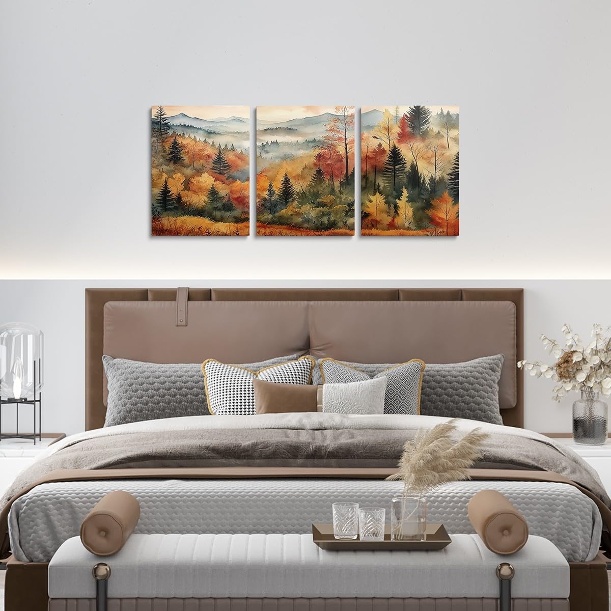 Erosebridal Misty Forest Tree Canvas Wall Art Set of 3,Fall Autumn Watercolor Country Pictures Wall Decor for Living Room Bedroom Kitchen,Woodland Mountain Poster Prints Farmhouse Wall Art Decor