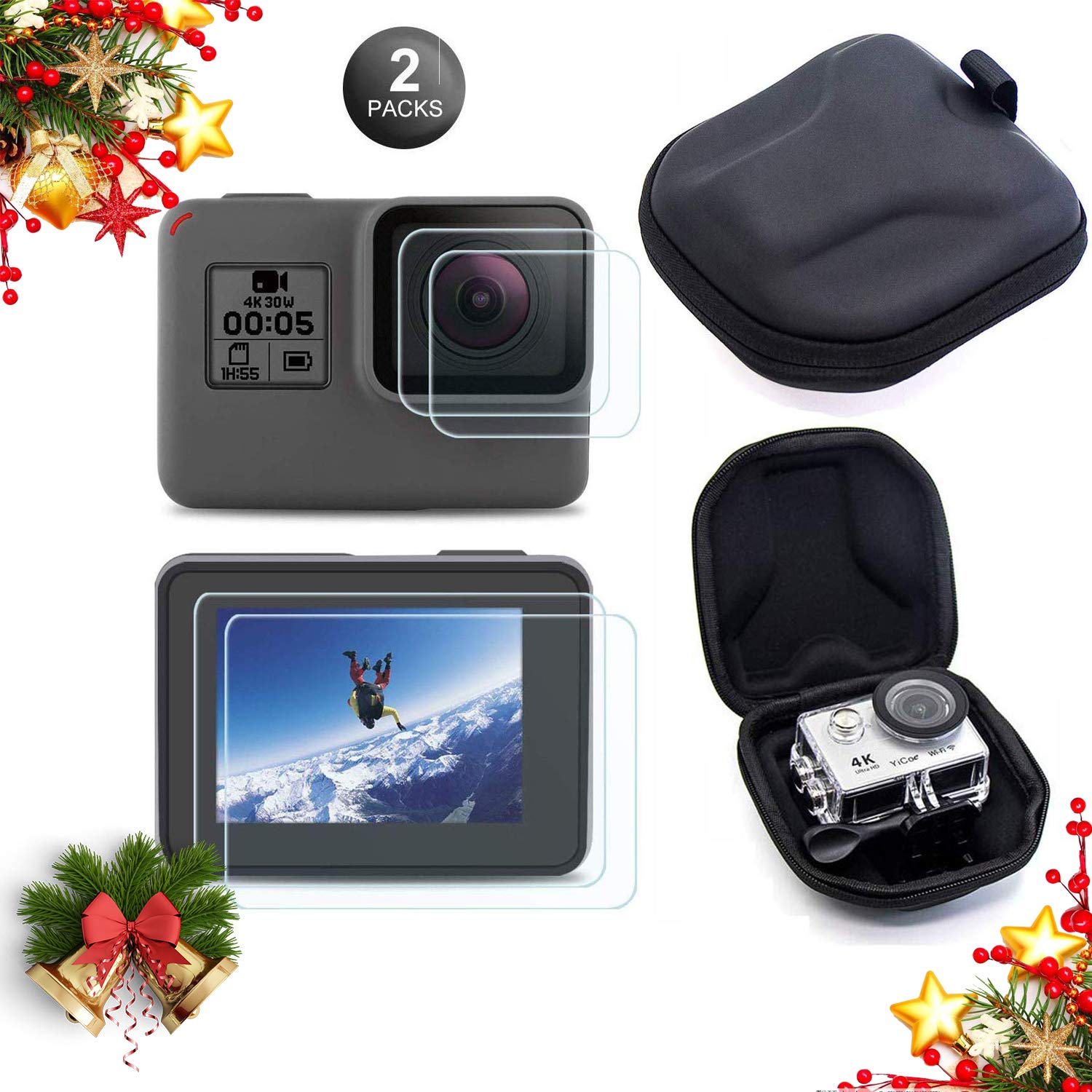 Mojosketch Tempered Glass Screen Protector & Lens Protector [2 Pack], Small Hard Shell Waterproof Case Compatible with GoPro Hero 7(Black Only)/Hero 6/Hero 5/2018