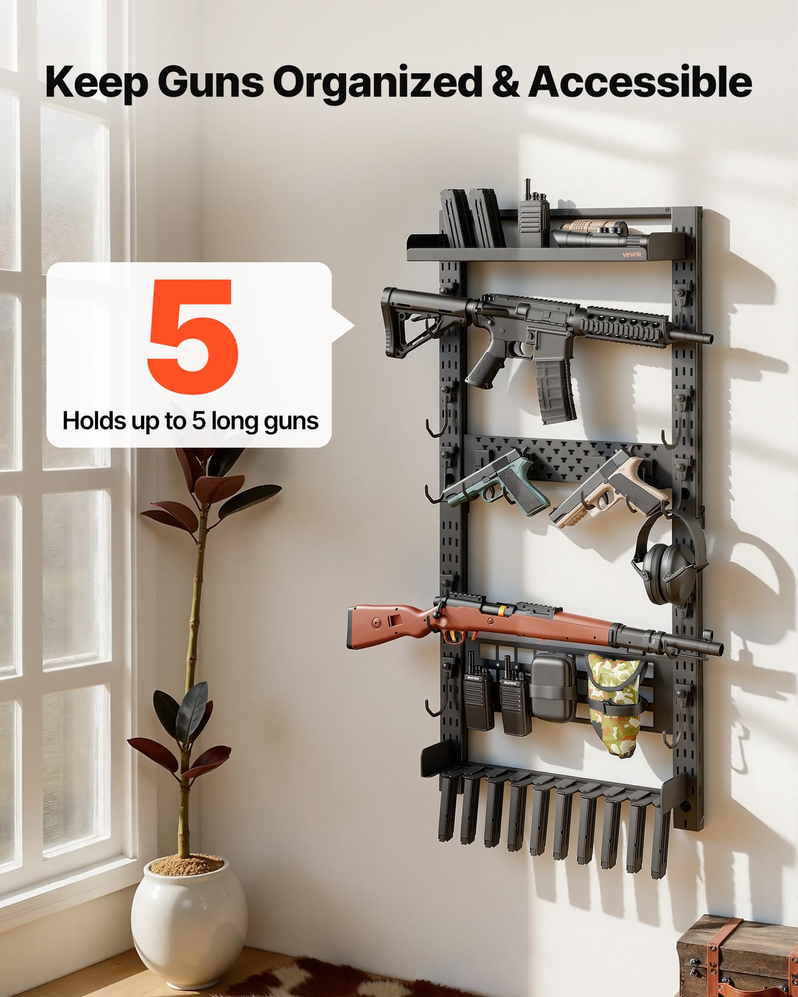 VEVOR Gun Rack Wall Mount, Heavy Duty Steel, Indoor Rifle Shotgun Rack with Magazine Holder, MOLLE Panel, Gun Accessories Display Storage Holder, Hold Up to 5 Rifles or Shotguns, for Tactical Gear - 3