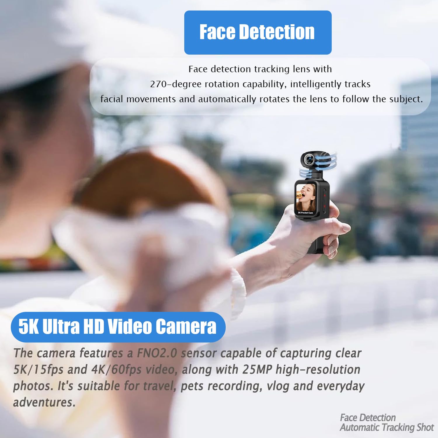 5K Handheld Action Camera, Portable Pocket Vlogging Camera with Image Stabilization, 270° Rotatable Wide-Angle Lens, Rotating Touchscreen, WiFi, Remote & App Control for Travel Sports (128G) — view 6