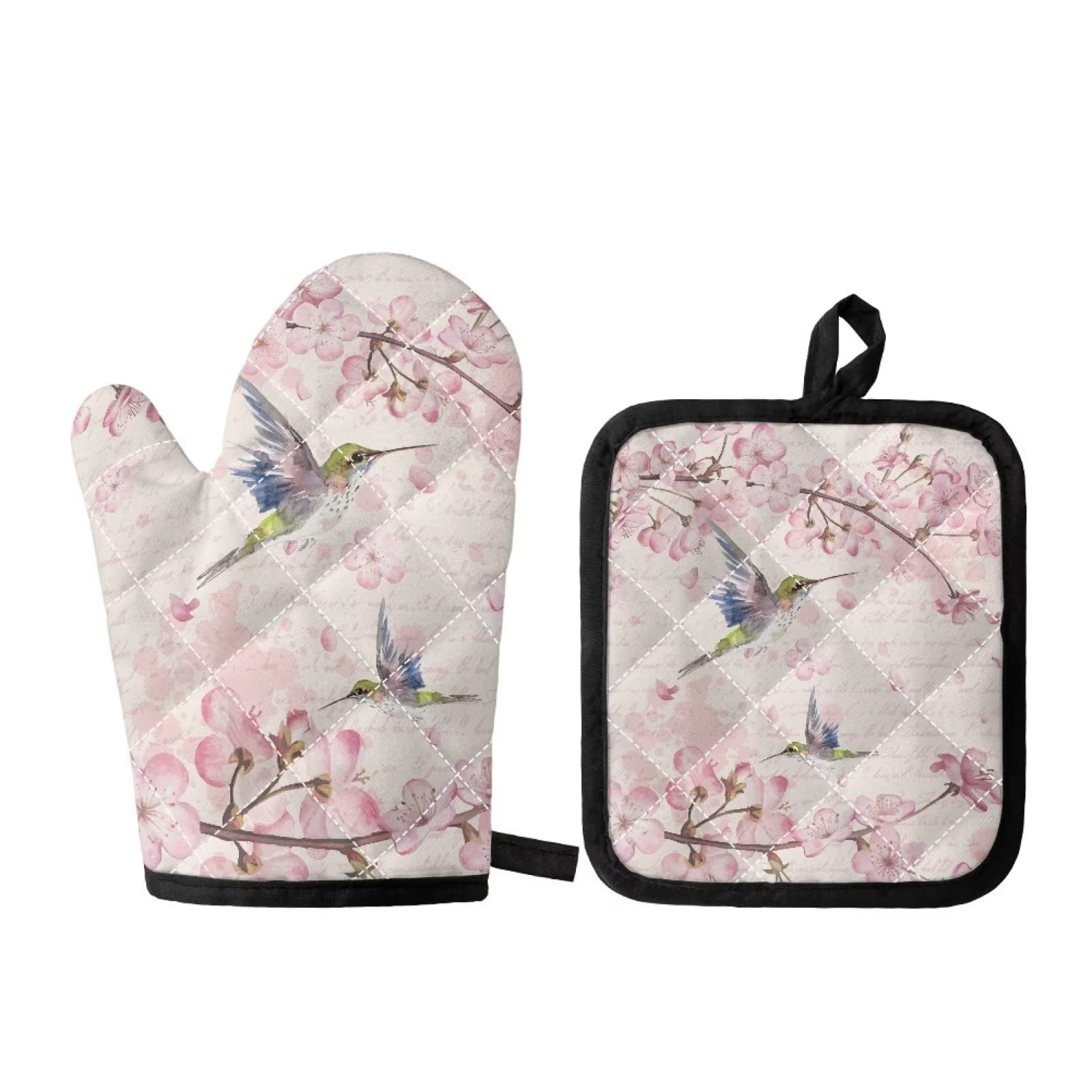 JEOCODY Hummingbird Print 2 Pack Pot Holders and Oven Mitts Heat Resistant for Kitchen Long Oven Mitts and Potholder with Non-Slip Surface for Cooking Grilling BBQ